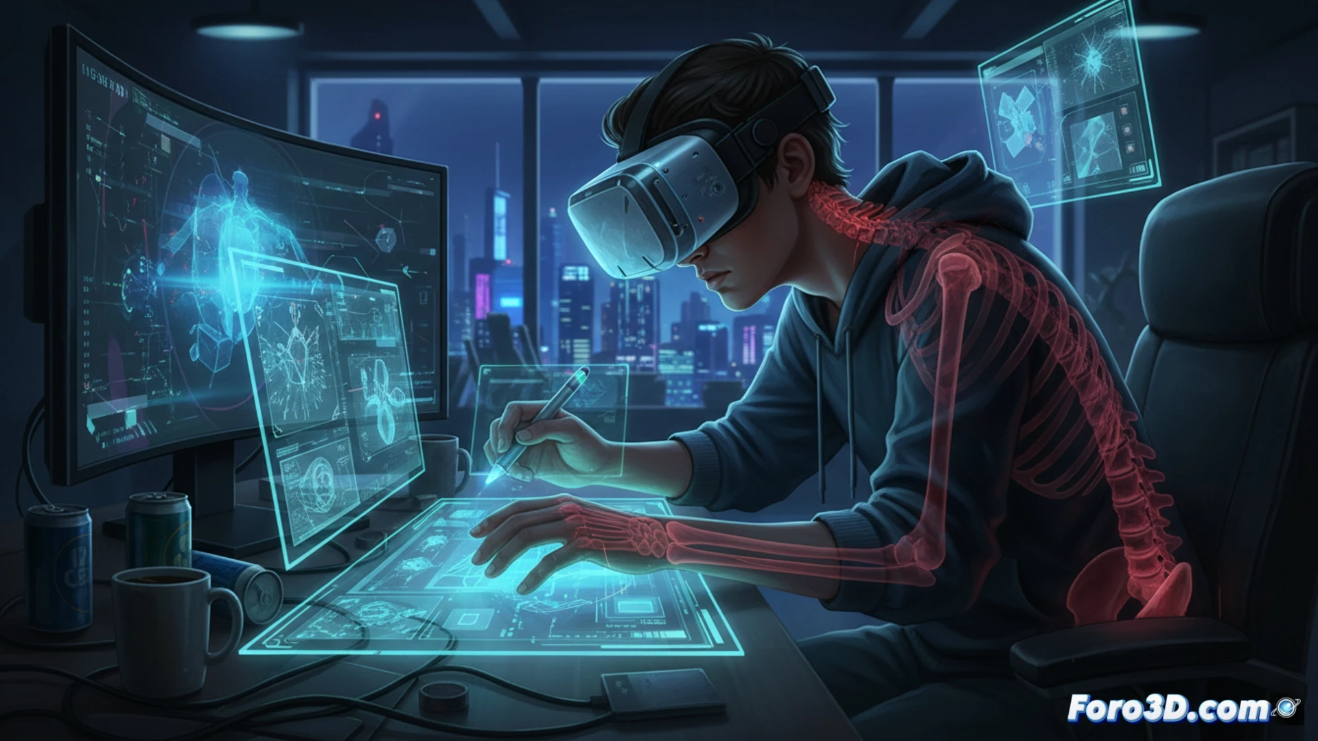 Diseñador de RA con gafas de realidad aumentada, postura ergonómica incorrecta y fatiga visual