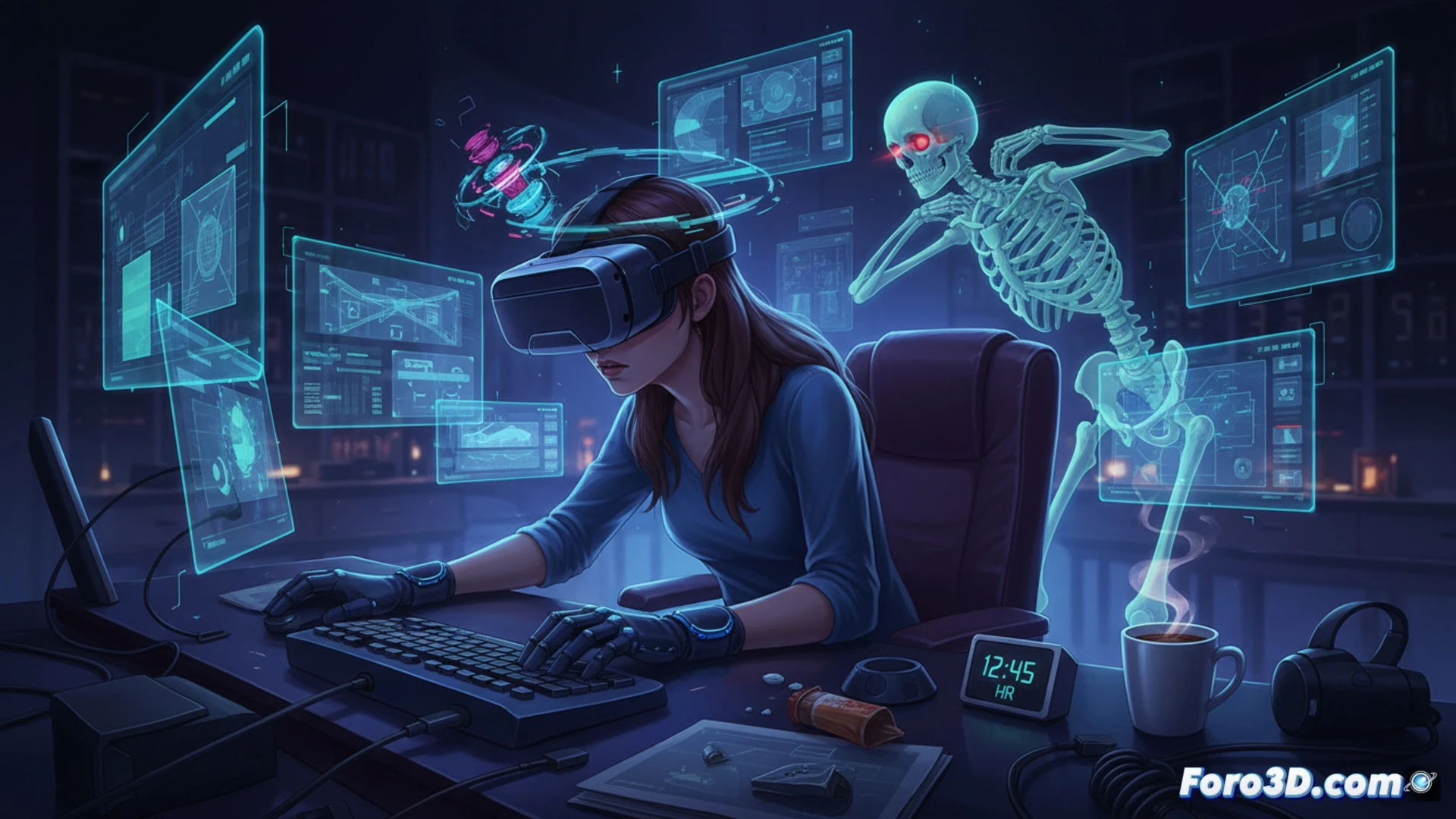 Diseñador con gafas VR en postura forzada, fatiga visual y estrés laboral en entorno inmersivo