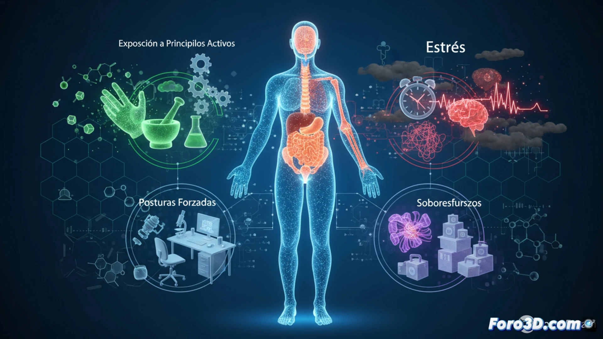 Infografía 3D de riesgos laborales del farmacéutico: posturas forzadas, exposición a polvos y estrés en farmacia comunitaria y hospitalaria