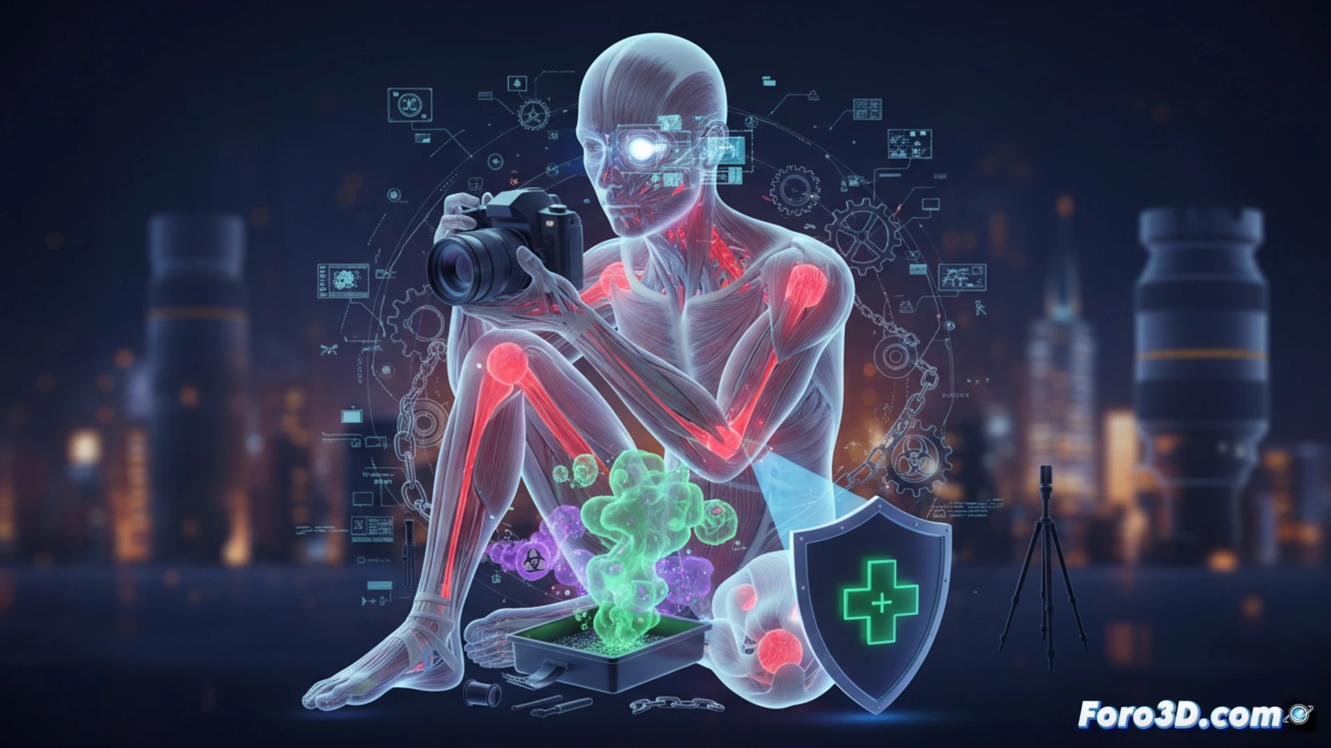 Fotógrafo profesional con cámara y dolor cervical, fondo de pantalla de edición y gráficos de riesgo laboral 3D