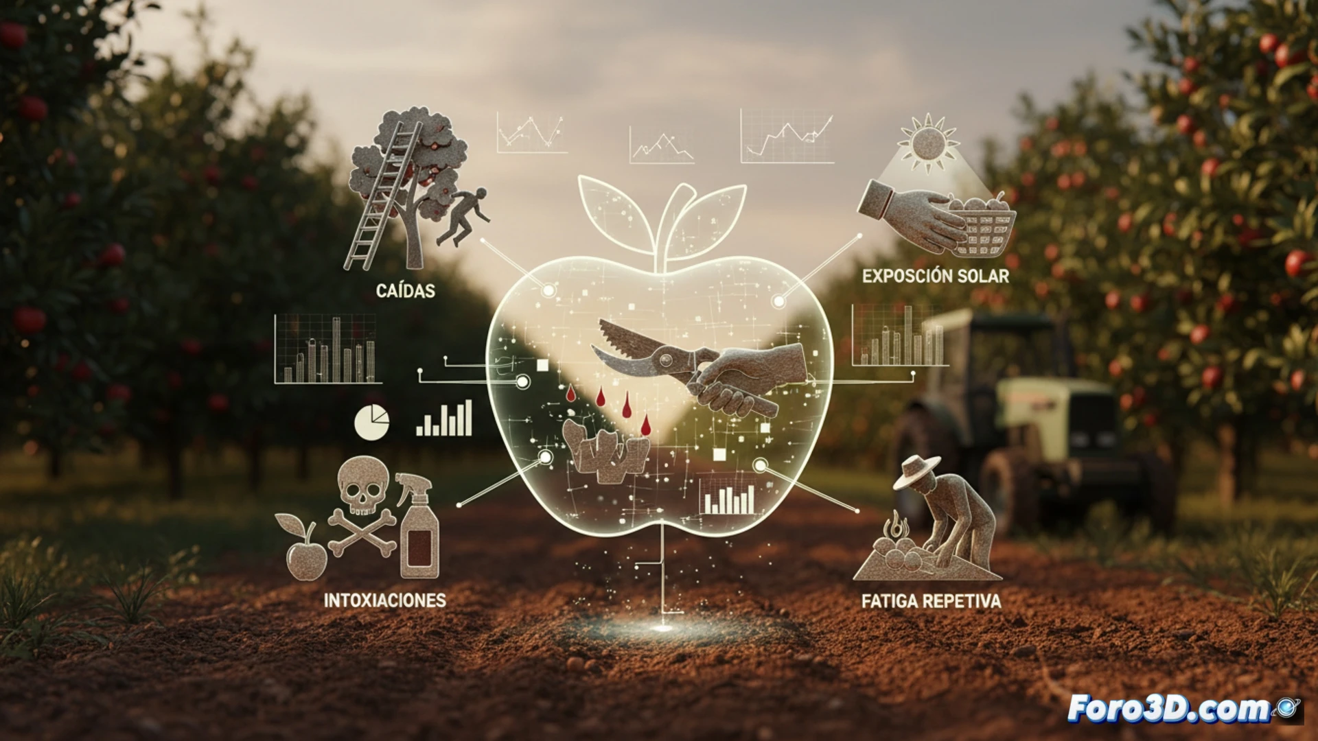 Infografia 3D de riesgos laborales en fruticultura: caidas, intoxicaciones, cortes, fatiga y exposicion solar