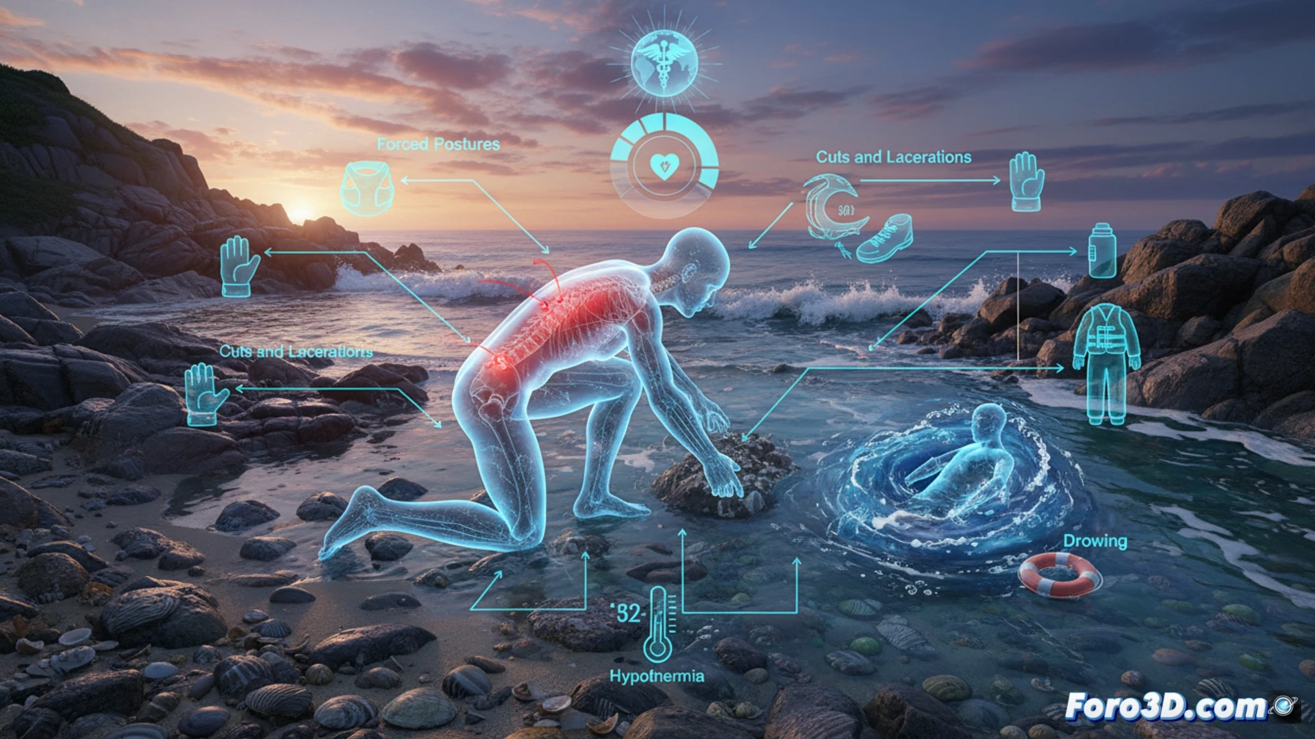 Infografía 3D interactiva de riesgos laborales del mariscador en la costa, mostrando posturas forzadas, mareas e hipotermia.