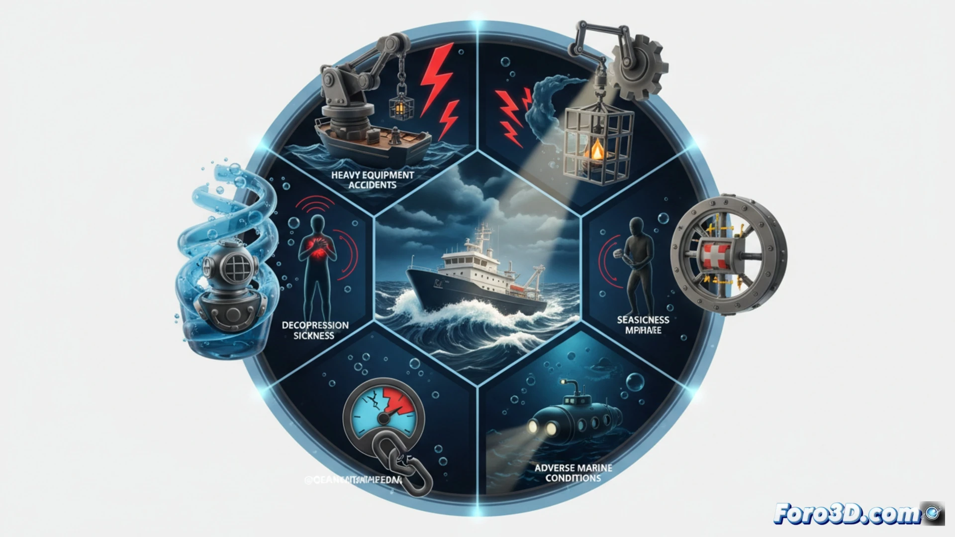 Infografia 3D sobre riesgos laborales del oceanografo: buceo, mareo en cubierta y accidentes por descompresion en alta mar