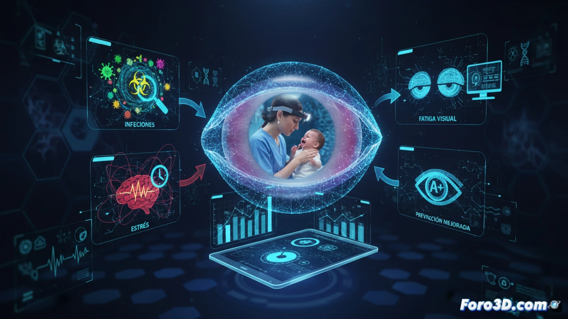 Infografía 3D de riesgos laborales pediátricos con virus, gráficos de burnout y pantalla protectora.