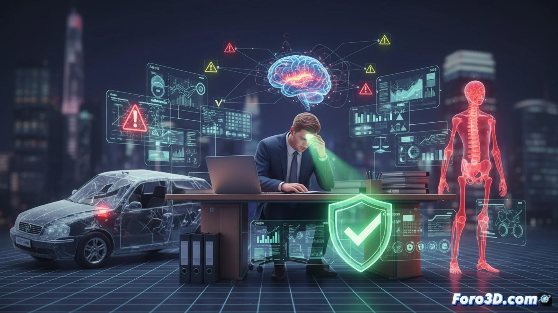 Visualización 3D de riesgos laborales del procurador: desplazamientos, posturas y estrés en juzgados para compliance digital