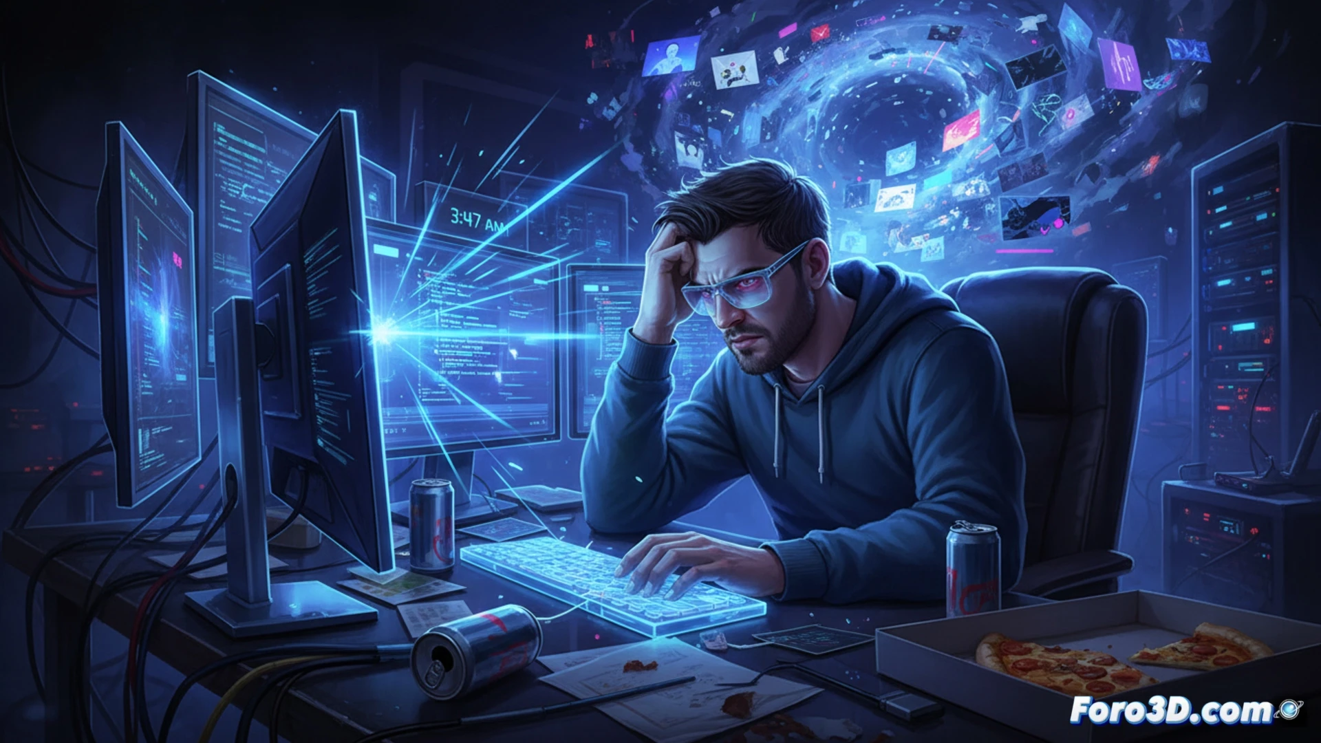 Prompt engineer trabajando con gafas de descanso, pantalla brillante y postura tensa, fatiga visual y estrés digital.
