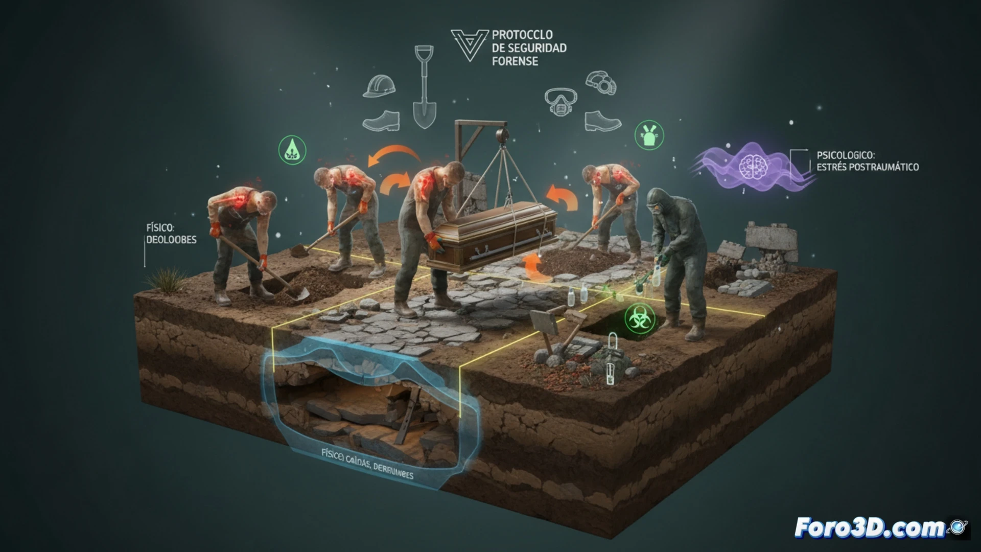 Infografía 3D de cementerio virtual señalando riesgos laborales del sepulturero y posturas forzadas en excavación