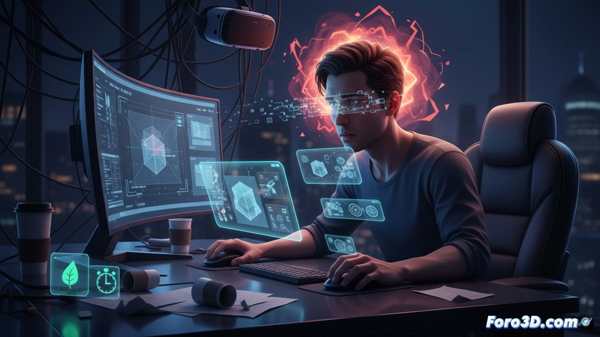 Modelador 3D trabajando en configurador de producto con gafas de descanso visual y postura ergonómica