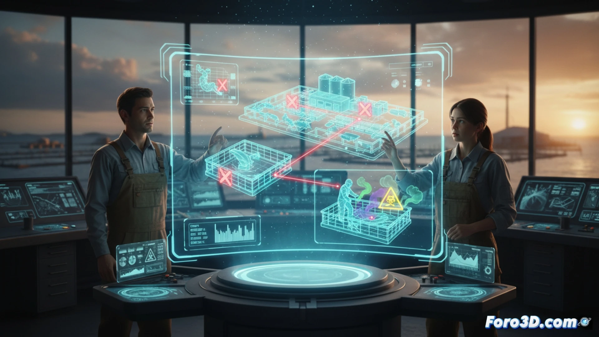 Infografía 3D de riesgos laborales en acuicultura mostrando trabajador, bacterias, químicos y condiciones climáticas adversas