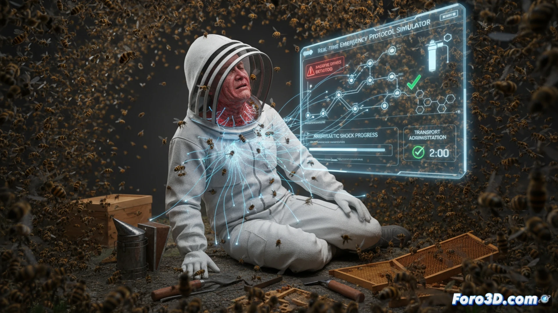 Infografía 3D de apicultor con simulación de reacción alérgica y protocolo de emergencia en colmenar