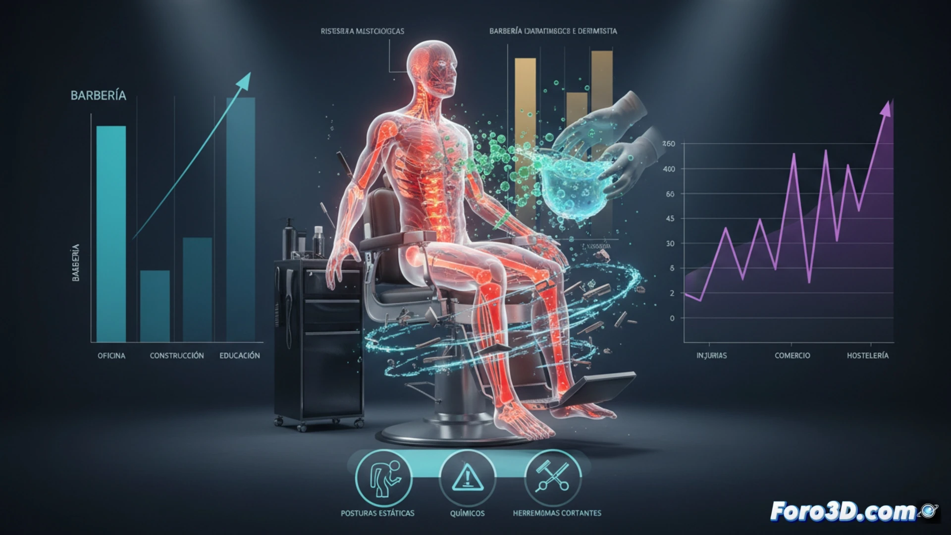 Infografía 3D de riesgos laborales en barbería: TME, dermatitis y cortes comparados con otros oficios