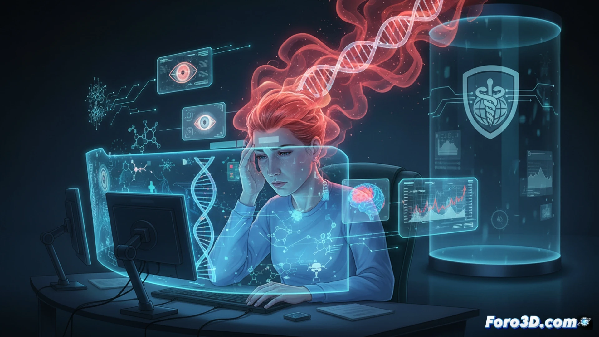 Bioinformático con gafas 3D analiza datos genómicos en pantalla rodeado de gráficos de fatiga visual y estrés laboral