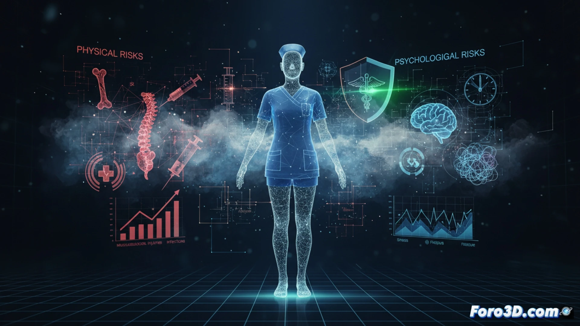 Infografia 3D interactiva sobre riesgos laborales en enfermeria: pinchazos, burnout y datos epidemiologicos para prevencion visual