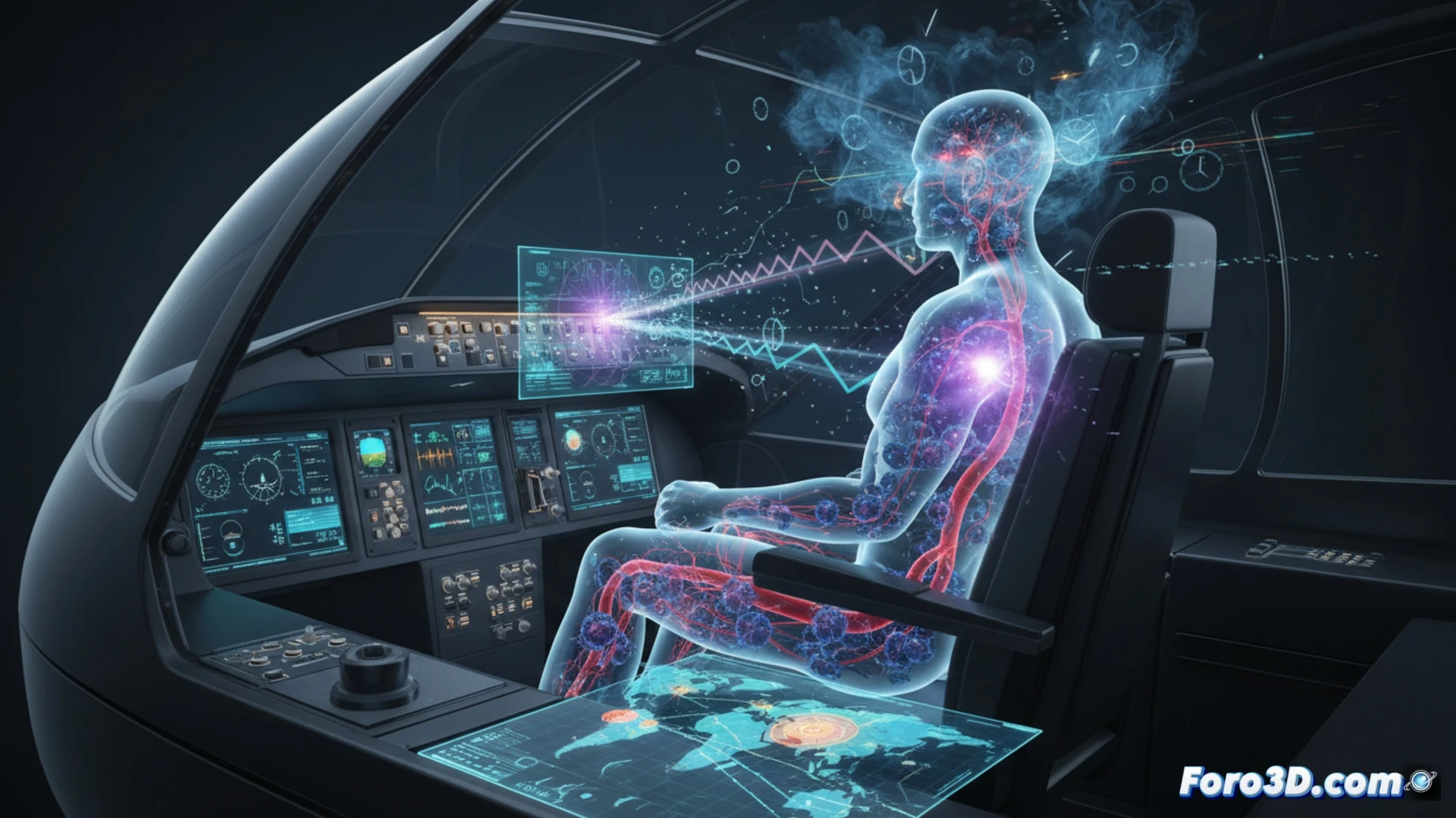 Visualización 3D de riesgos laborales en pilotos: radiación cósmica, trombosis y fatiga por desfase horario.