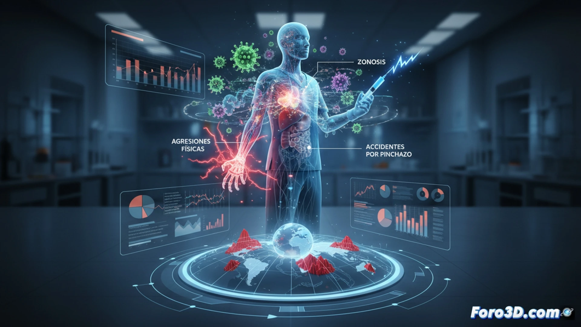 Infografia 3D de riesgos laborales auxiliar veterinario con modelos anatomicos y mapas de incidencia epidemiologica
