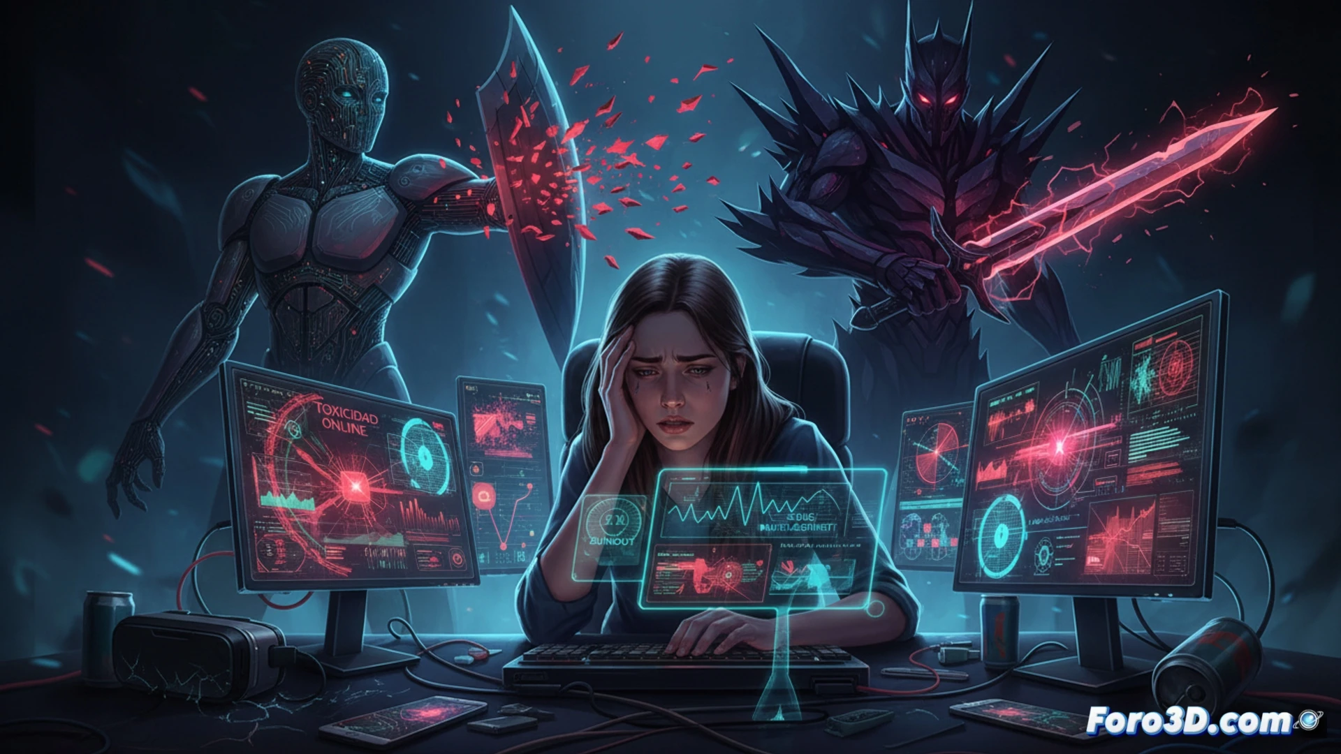 community manager con auriculares frente a pantalla llena de alertas y notificaciones, simbolos de IA y escudos digitales