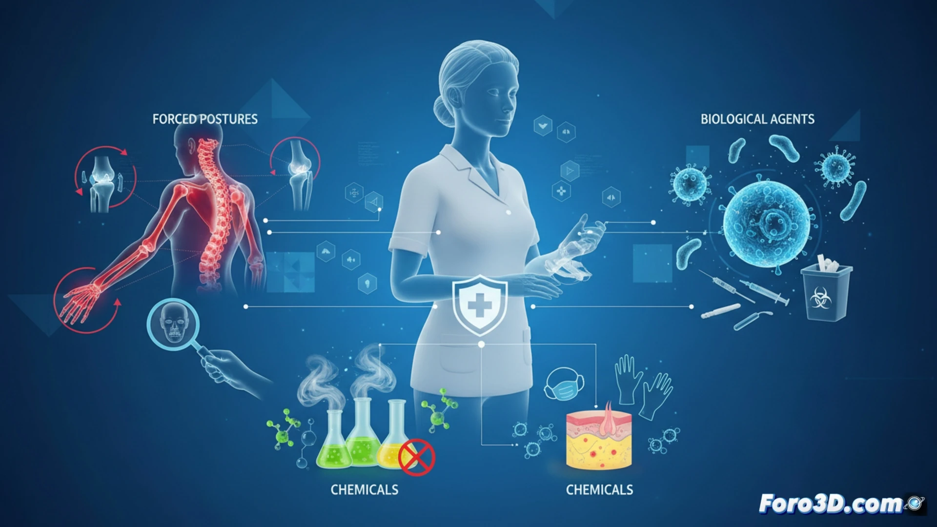 Infografía 3D de salud laboral para esteticistas, mostrando puntos de riesgo en el cuerpo humano.