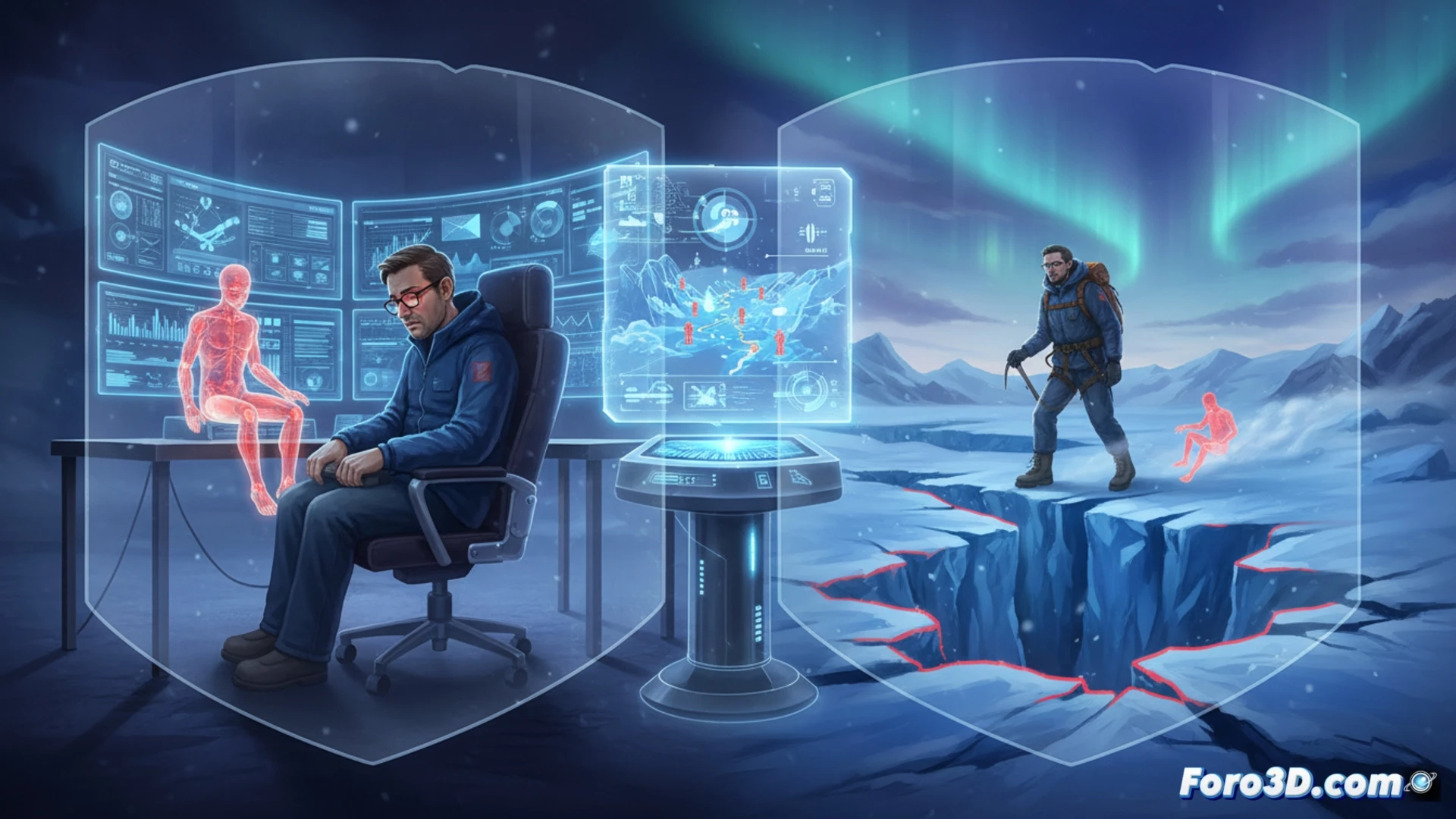 Climatólogo con gafas de realidad virtual analizando modelo 3D de glaciar con grietas y riesgo de avalancha