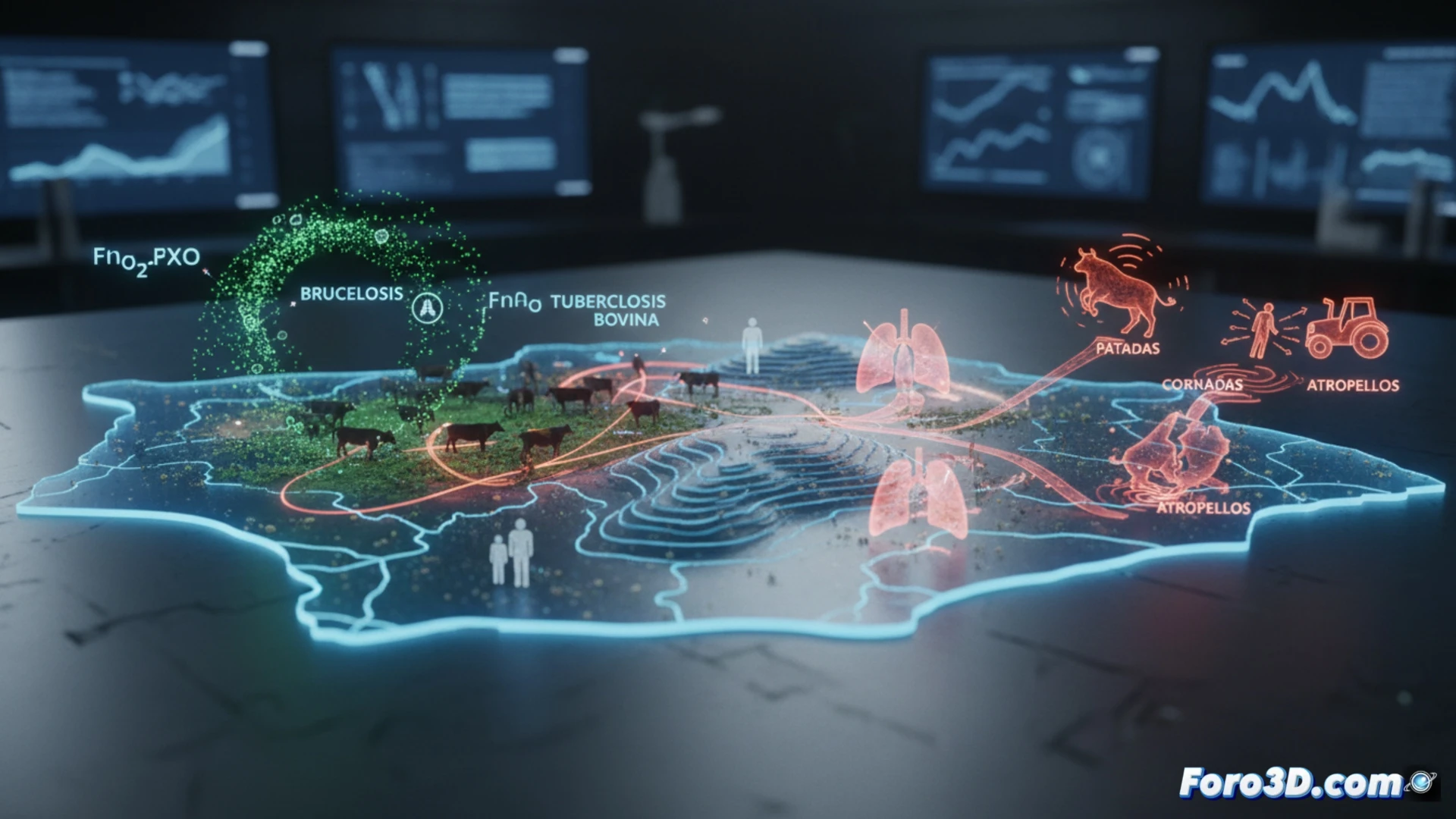 Visualización 3D de riesgos zoonóticos en ganadería: propagación de brucelosis y accidentes con animales