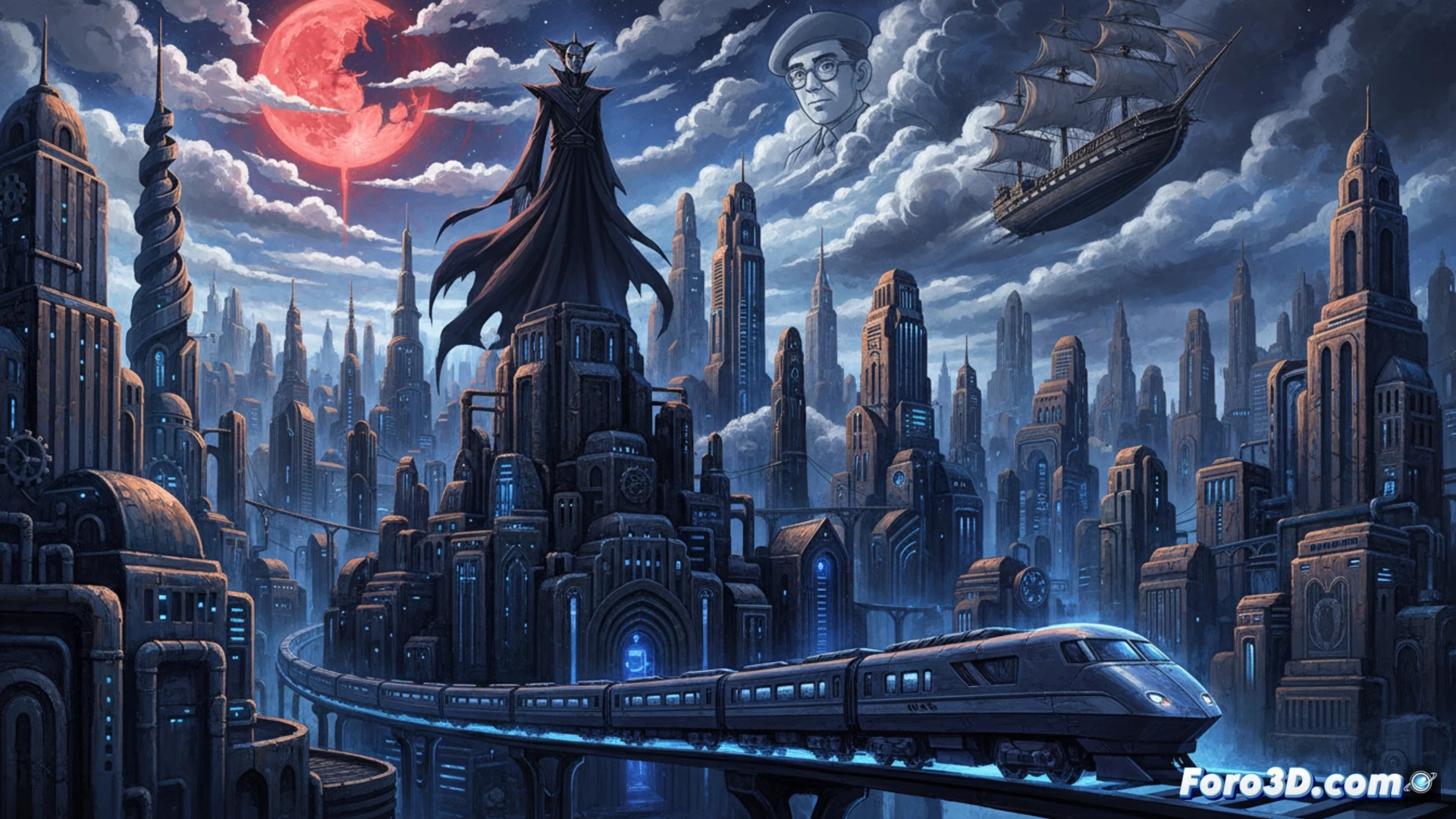 Rintaro sentado en penumbra, con bocetos de Metrópolis y Harlock flotando en estilo expresionista oscuro.