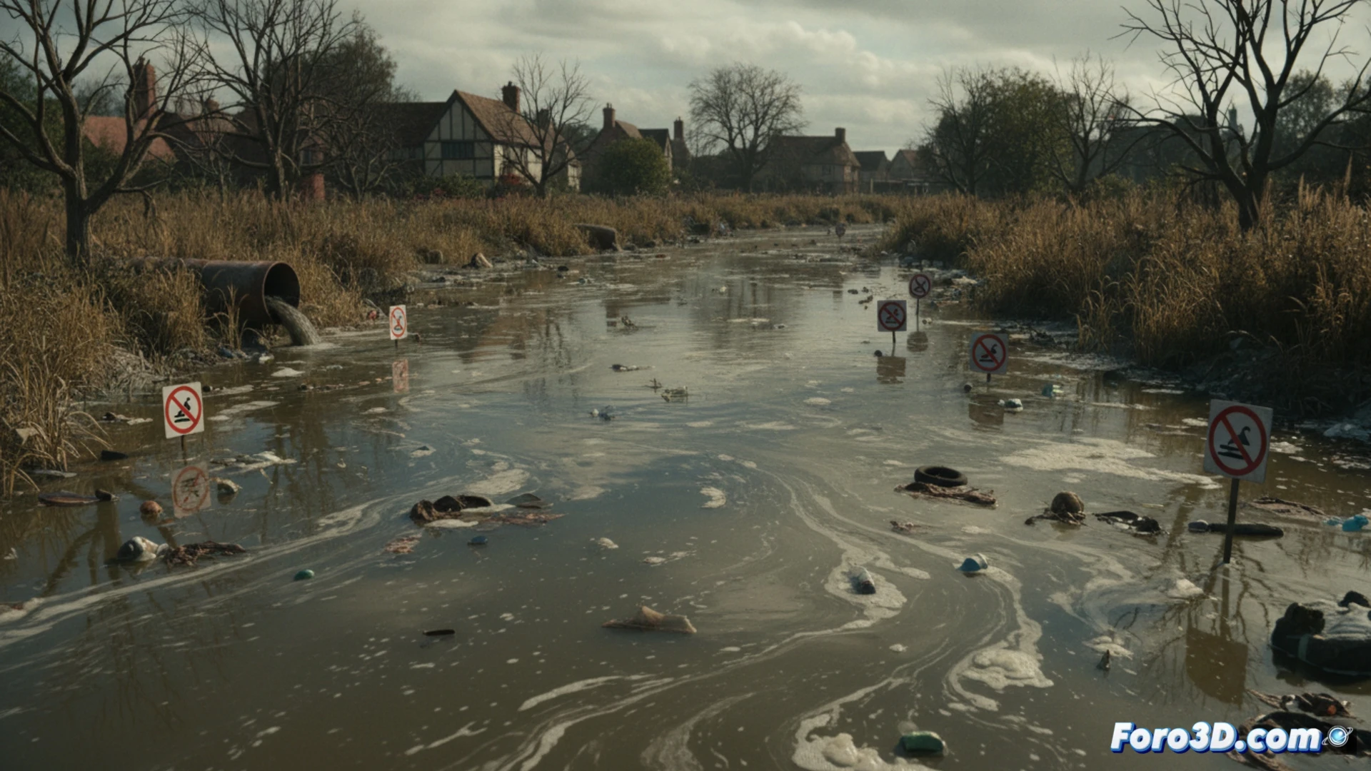 Aerial view of a murky English river bend, sewage outflow pipe actively discharging brown foam into the water, a submerged warning buoy with red flag floating nearby, contaminated water splashing against a concrete riverbank, turbid currents mixing with clear stream, microscopic bacteria particles visualized as glowing green spheres drifting in the flow, riverbed sediment stirred up during the pollution event, overcast sky casting cold grey light on the scene, cinematic environmental documentary style, photorealistic water simulation, hyper-detailed foam texture, dramatic contrast between clean and polluted water zones, wide-angle lens capturing the scale of contamination