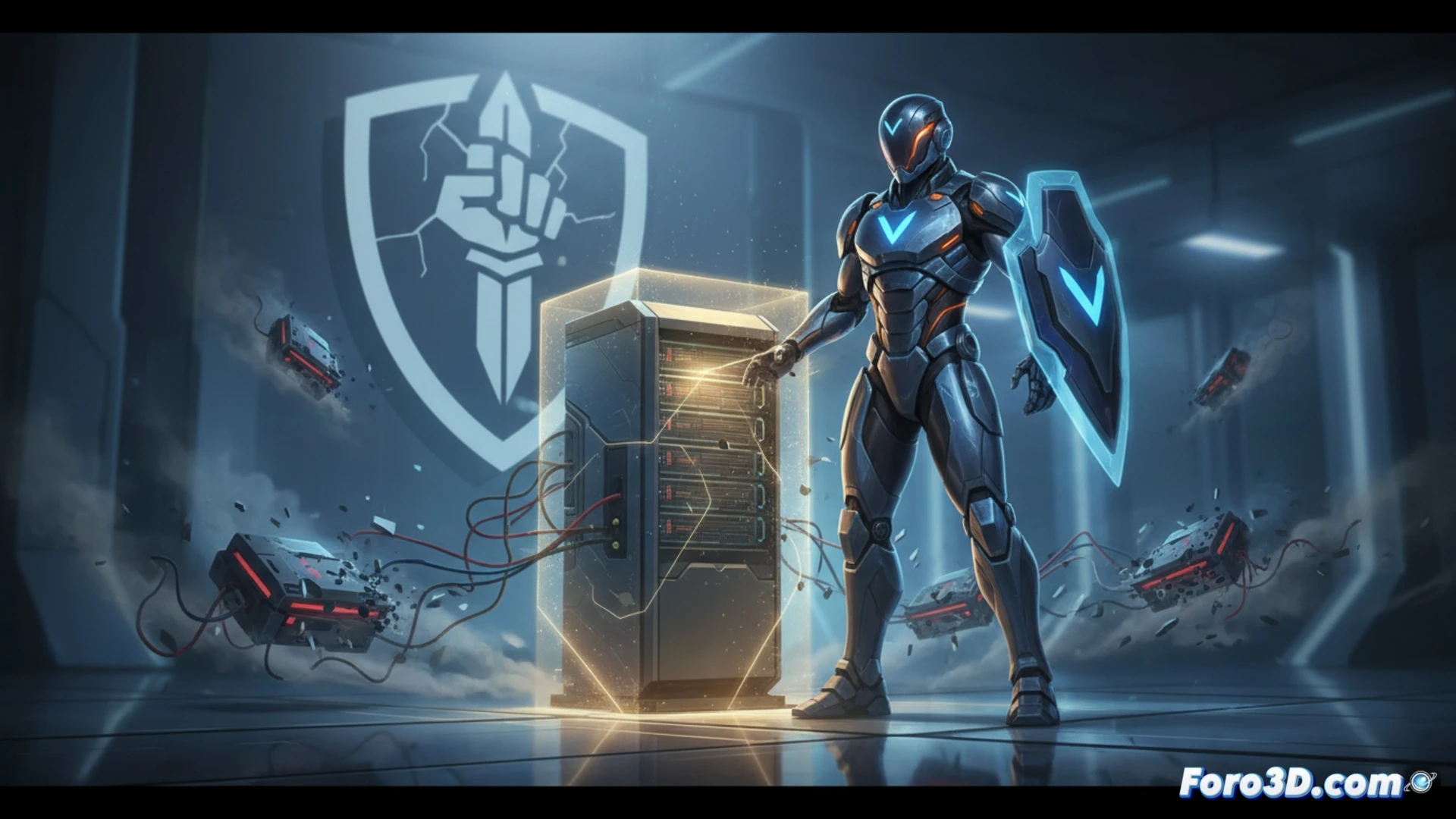 Riot Games Vanguard anti-cheat software interface glowing on a gaming monitor, motherboard and GPU components visible inside an open PC case, a peripheral keyboard connected with a cable being temporarily disabled during a match, system diagnostic tool showing hardware status as active and undamaged, cybersecurity shield icon hovering over the setup, cinematic photorealistic engineering visualization, blue and red neon lighting, sleek metallic PC internals, high-contrast technical illustration style, static electricity sparks around the keyboard indicating temporary deactivation