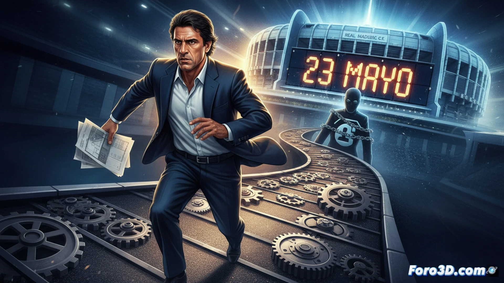businessman in a dark suit urgently reviewing a digital timeline on a transparent holographic screen, calendar marked May 23 with red alert glow, architectural blueprints of a modern stadium being unrolled across a glass table, team of analysts pointing at financial projections and infrastructure diagrams, dramatic office with city skyline at sunset, cinematic technical visualization, photorealistic engineering illustration, intense focused expressions, motion blur on documents being shuffled, warm corporate lighting with cool blue screen reflections, ultra-detailed office environment