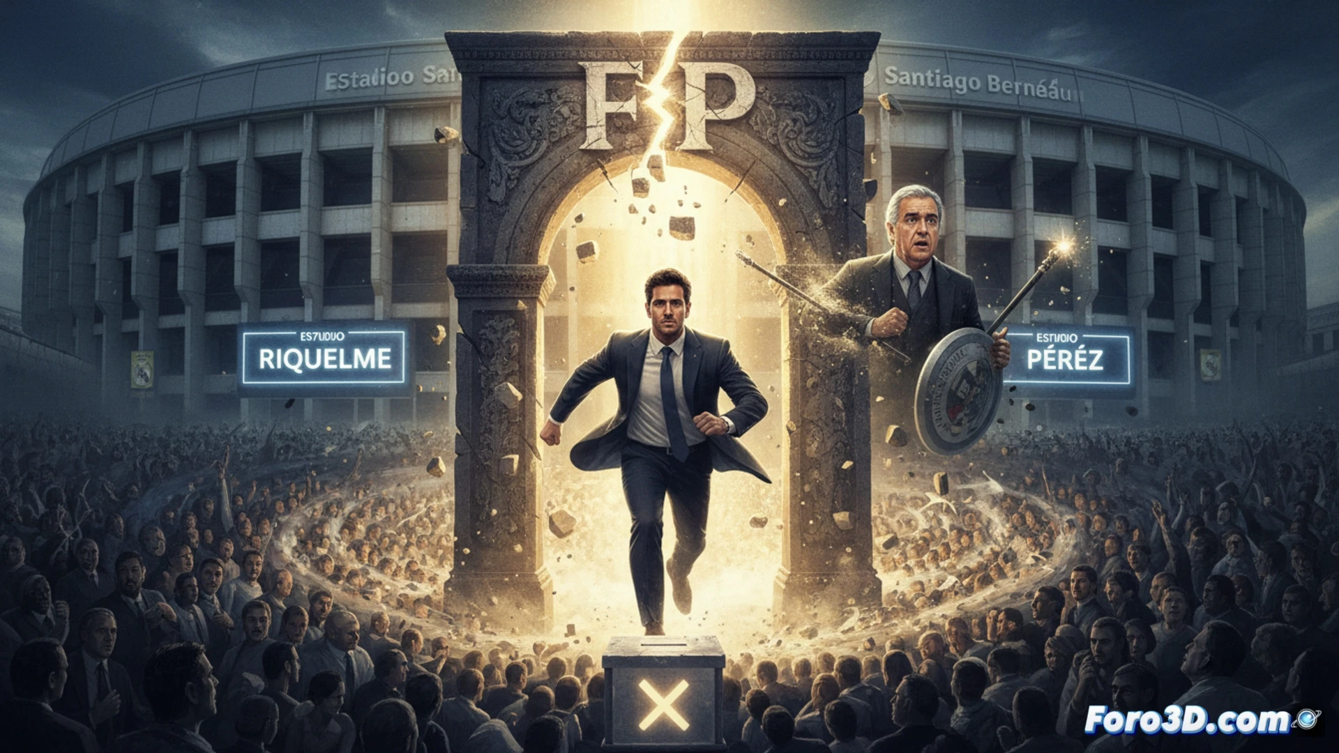 Photorealistic cinematic scene of a split ballot box at Real Madrid’s Santiago Bernabéu, two voting hands simultaneously inserting ballots from opposite sides, one hand wearing a classic suit cuff (Florentino Pérez era), the other hand with a modern rolled-up sleeve (Riquelme challenge), ballot papers marked with distinct club crests, broken chain links scattered around the box symbolizing monopoly rupture, dramatic overhead spotlight casting sharp shadows, marble floor reflecting polarized light, ultra-detailed brass voting mechanism, engineering visualization of electoral process, tension visible in fingers gripping papers, no text or numbers present, realistic metallic and paper textures, high-contrast chiaroscuro lighting, cinematic depth of field focusing on the collision of two ballots inside the transparent slot