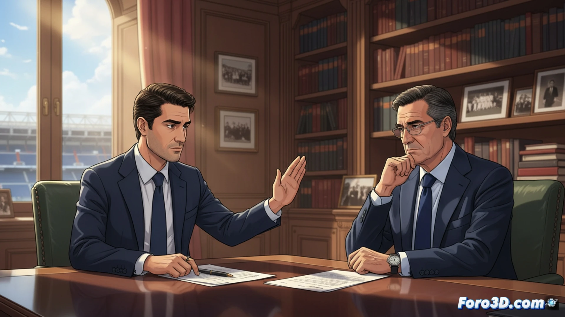 Descripción: Ejecutivos Enrique Riquelme y Florentino Pérez, de pie en sala de juntas, estrechando manos sobre documentos, con expresión seria pero abierta al diálogo.