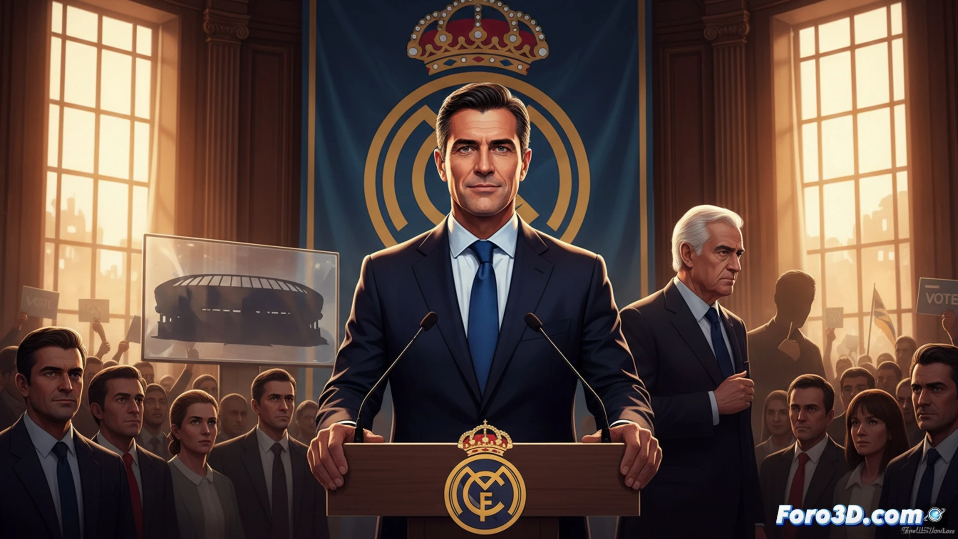 professional business meeting scene, man in suit handing a formal candidacy document across a polished wooden table, large Real Madrid club crest on the wall behind, voting ballot box and papers visible on the table, smartphone displaying a digital form with avals icon, desk lamp casting dramatic shadows, cinematic corporate photography style, deep blue and white color scheme, sharp focus on the document handover, subtle motion blur on a clock showing deadline urgency, photorealistic lighting, ultra-detailed textures on suit fabric and paper grain, technical illustration of a corporate election process