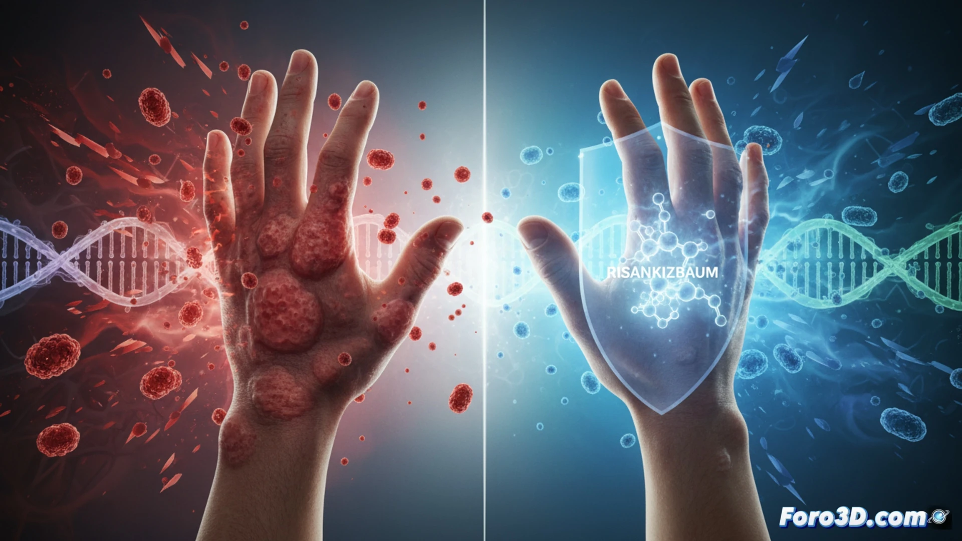 Un dermatólogo examina la piel de un paciente con psoriasis, mientras una gráfica muestra la reducción de riesgo de artritis psoriásica con risankizumab.