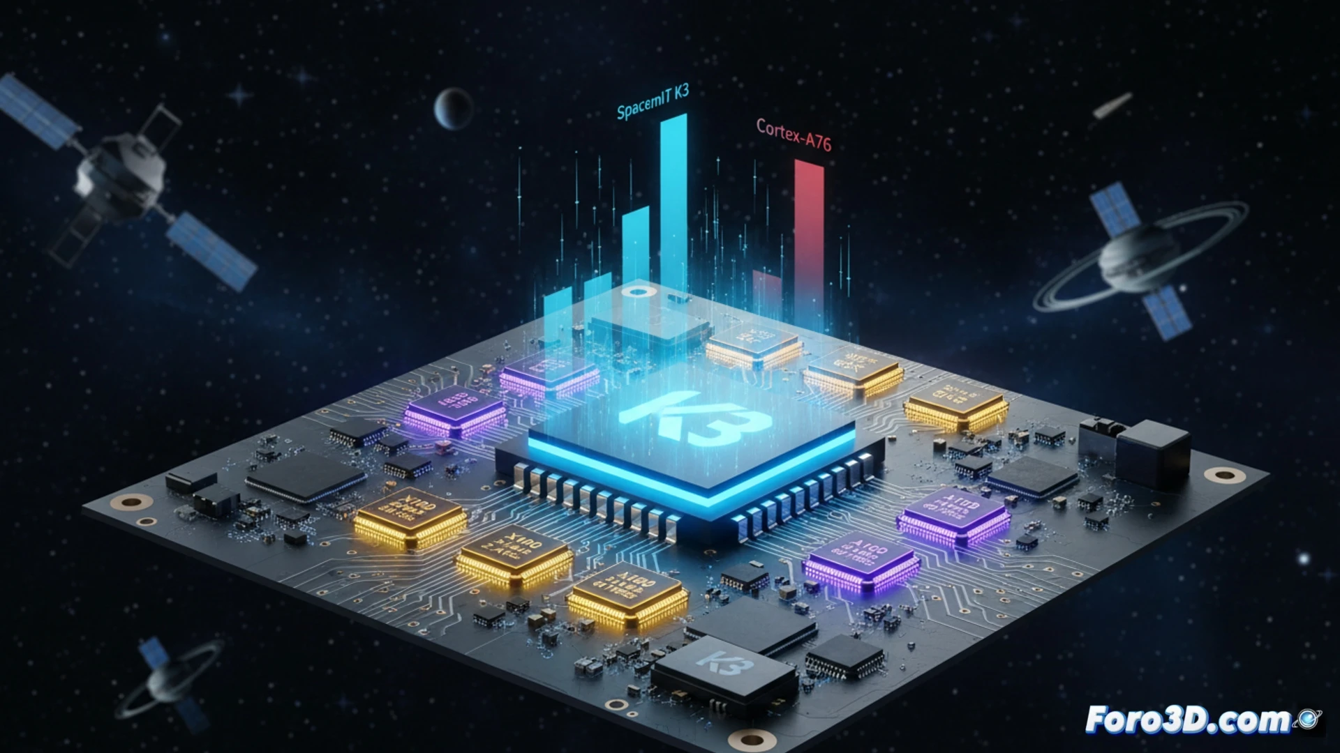 RISC-V SpacemiT K3 processor die shot with 16 core clusters visible, eight X100 cores labeled RVA23 running at 2.4 GHz next to eight AI A100 cores with RVV 1.0 support, thermal imaging overlay showing heat distribution during benchmark load, performance graph lines rising towards Cortex-A76 reference level, Pico-ITX board populated with dense connectivity ports, oscilloscope probes attached to power rails, cinematic engineering visualization, glowing circuit traces under microscope lighting, photorealistic technical illustration, ultra-sharp silicon details, dramatic blue and amber industrial lighting