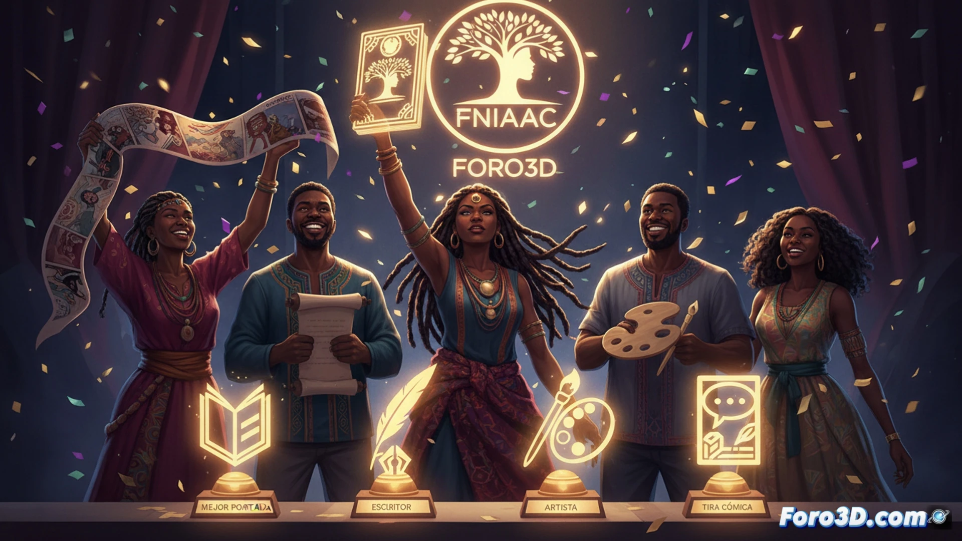Un escenario vibrante del webcómic 'Rise of the Mafu' muestra a sus héroes, con cuatro trofeos dorados brillando en primer plano, mientras al fondo un retrato familiar homenajea a Wanda Vreden.