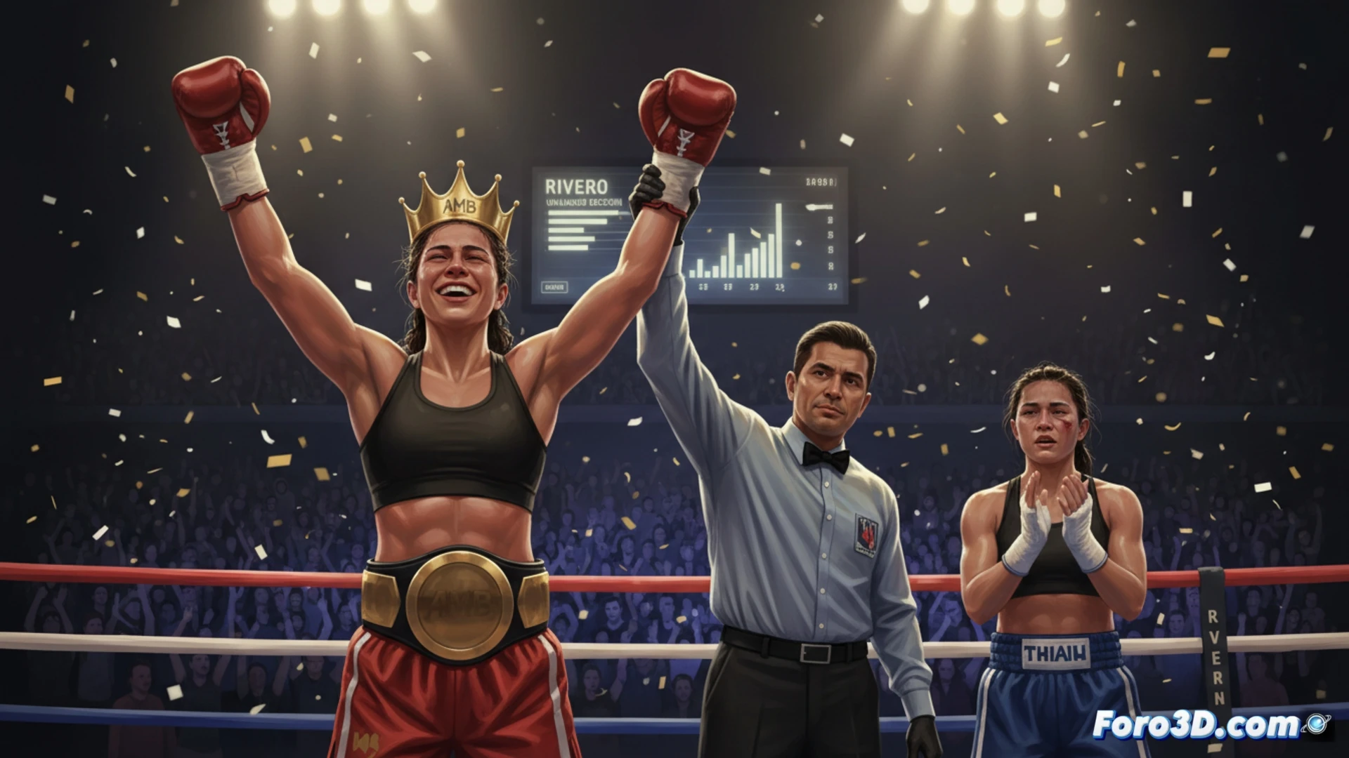 female boxer in blue shorts and red gloves landing a clean right hook to opponent's chin, sweat droplets frozen mid-air, boxing ring ropes slightly stretched from impact, ringside camera flash illuminating the scene, cinematic sports photography style, dramatic low-angle shot from canvas level, dynamic motion blur on the background crowd, photorealistic technical render, sharp focus on glove impact area, subtle skin texture detail, realistic muscle tension visible in both athletes