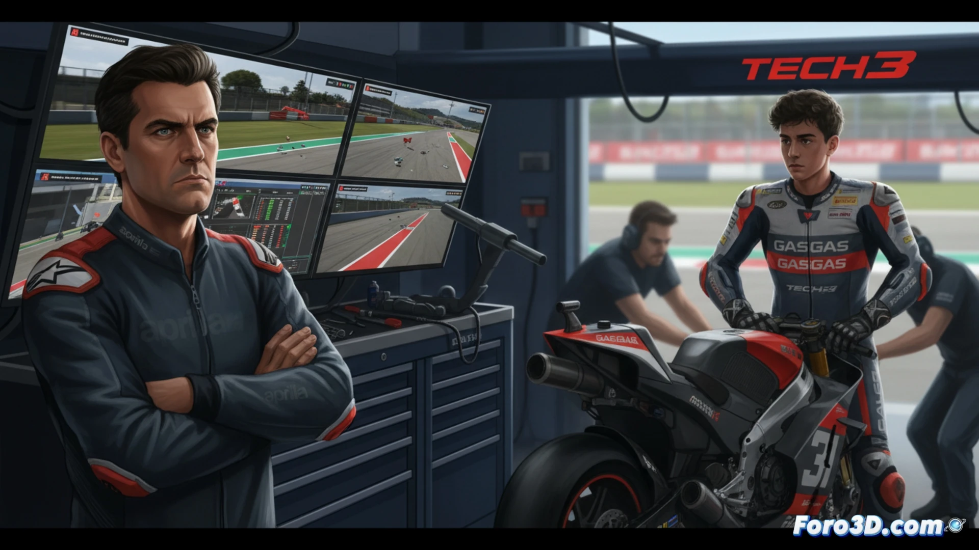 MotoGP pit lane chaos scene, Pedro Acosta s Aprilia bike stopped on track with rear wheel smoking, track marshals waving red flags, Massimo Rivola pointing angrily at race control monitors, technical failure depicted with glowing brake disc cracks, Pramac mechanics gesturing toward pit exit, cinematic wide shot, photorealistic motorsport style, dramatic sunset lighting over Montmeló circuit, carbon fiber debris scattered, tire marks on asphalt, intense race day atmosphere, ultra-detailed motorcycle components, high contrast shadows