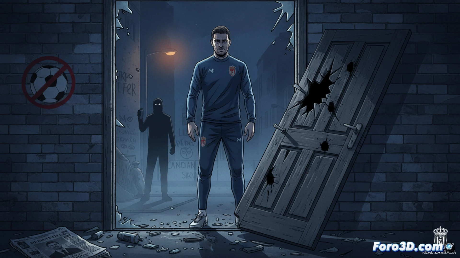 Un futbolista con gesto serio en rueda de prensa, fondo oscuro y tenso, reflejando miedo y denuncia tras el ataque a su hogar.
