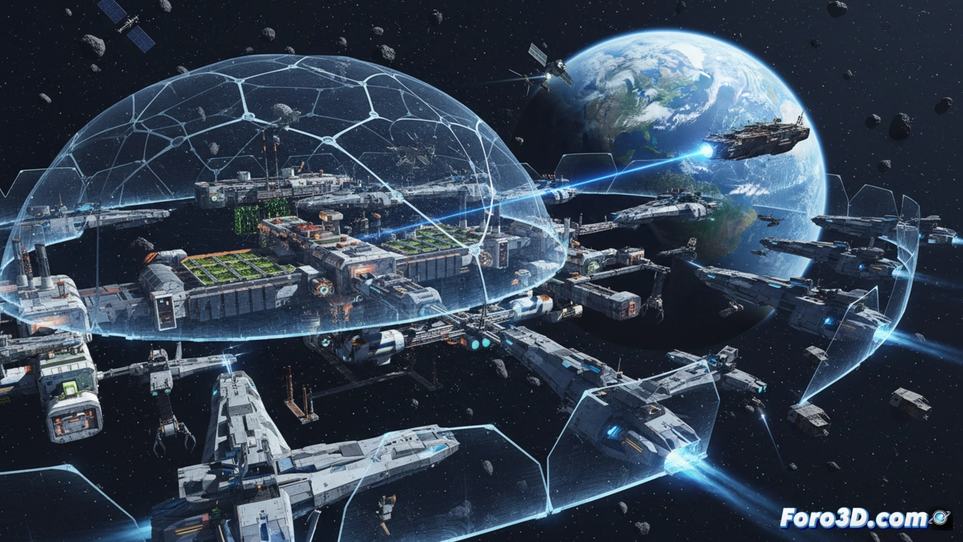 orbital heist scene, robotic arm with claw gripping a satellite solar panel, sparks flying from cutting laser tool, another spacecraft approaching with open cargo bay, debris floating in zero gravity, Earth curve in background with glowing city lights, technical engineering visualization, metallic surfaces with thermal blankets, glowing thruster plumes, digital HUD overlays tracking trajectory, realistic physics of drifting objects, cinematic lighting with hard shadows from distant sun, ultra-detailed mechanical joints and antenna arrays, photorealistic space industrial render