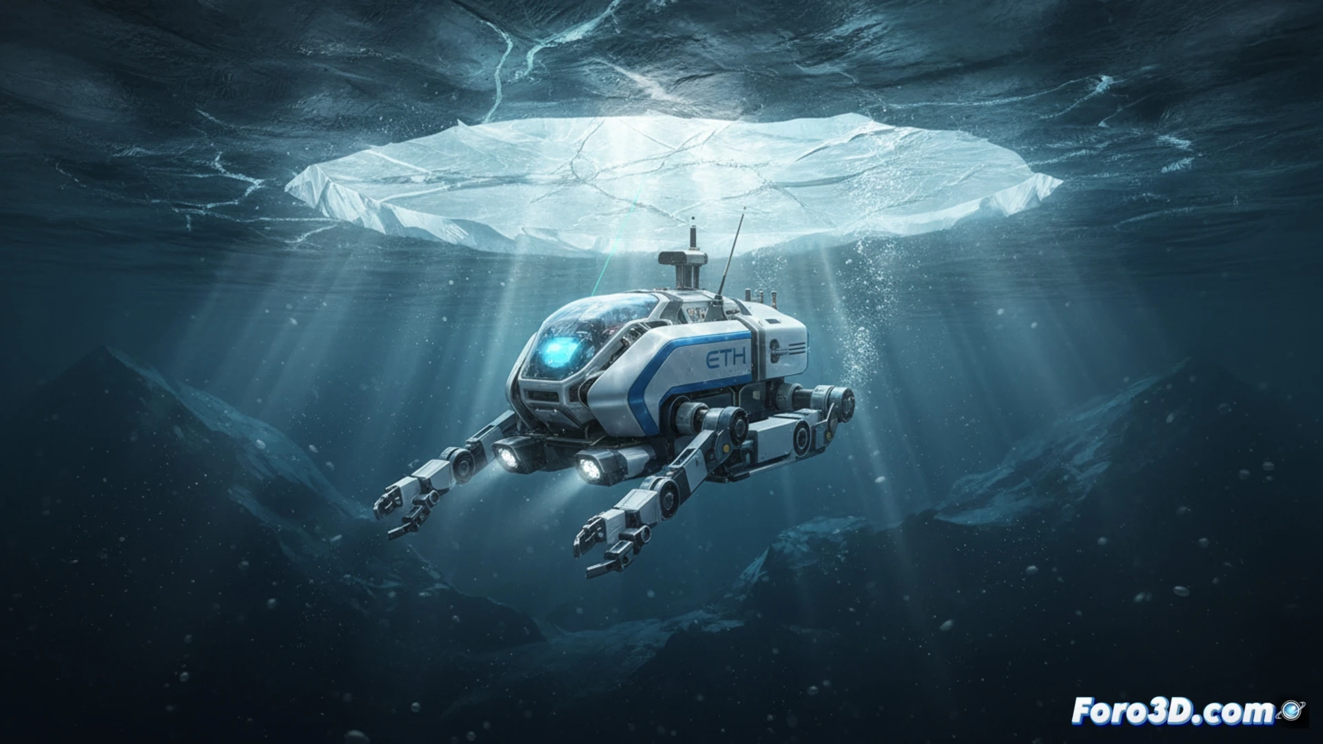 Autonomous underwater robot deploying from an ice hole, measuring sea ice thickness from below with sonar sensors, robotic arms adjusting while LED arrays illuminate the dark underside of the ice sheet, ice crystals forming on metallic hull, mechanical thrusters stirring blue-green water, engineering visualization with cross-section view showing ice layers above and robot below, photorealistic technical render, cinematic underwater lighting, extreme detail on sensor arrays and propulsion system, cold arctic color palette