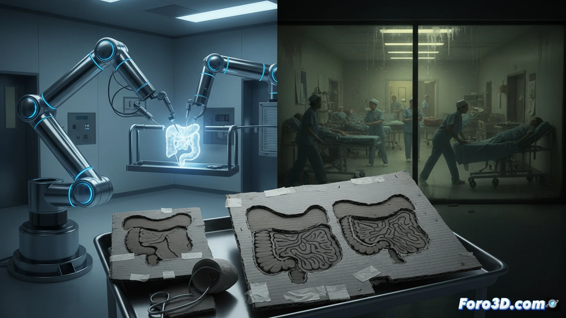 robotic surgical arm performing a precise incision on a donor liver, glowing digital interface showing real-time organ data, while in the background a hospital waiting room is overcrowded with patients on plastic chairs, nurses walking away exhausted, broken ceiling tiles and dim fluorescent lights, split-scene composition contrasting advanced technology with crumbling infrastructure, cinematic photorealistic style, metallic surgical tools with cable bundles, sterile blue light from monitors clashing with warm decay of the waiting area, hyperdetailed textures, dramatic chiaroscuro lighting, technical engineering visualization