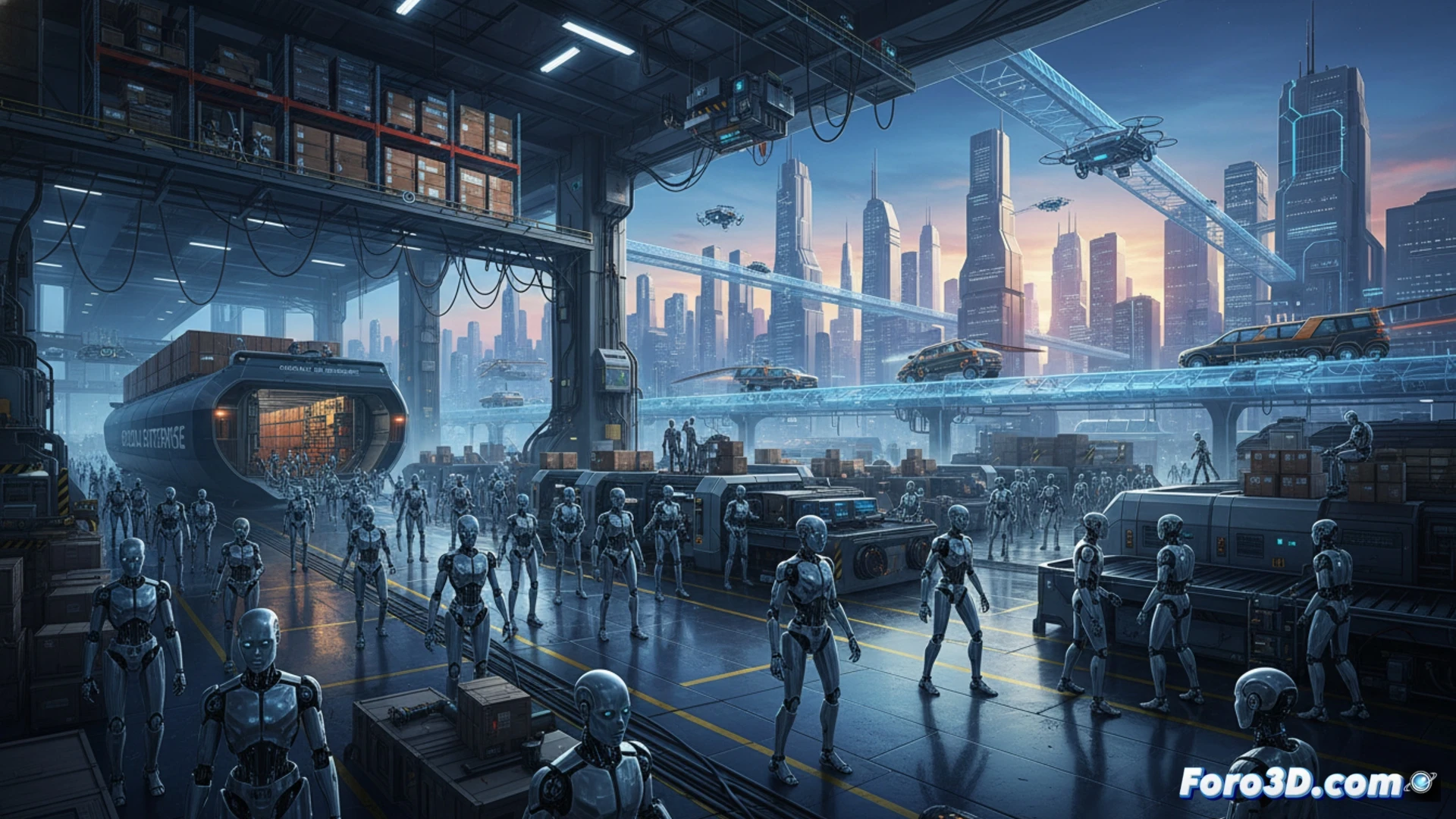 Humanoid robot assembly line worker performing precise wiring task on an electronic control panel, articulated metal fingers gripping a cable while LED indicators flash on its chest and forearm, conveyor belt moving unfinished circuit boards in background, warehouse racks stacked with components, collaborative robot arms operating nearby, photorealistic engineering visualization, cool blue ambient light from overhead industrial lamps, warm orange glow from soldering station, brushed aluminum joints with visible servo motors, dust particles illuminated in beams of light, hyper-detailed mechanical textures, cinematic depth of field