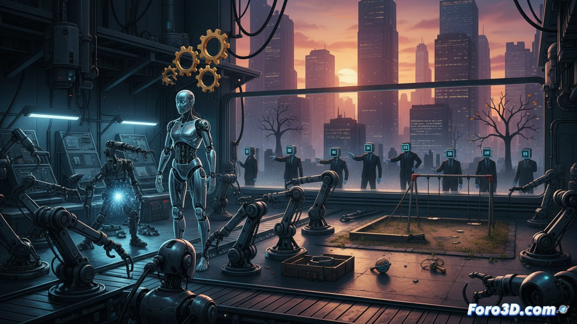 industrial assembly line scene, robotic arms assembling a mechanical baby cradle while a human worker sits idle watching, empty baby bottles and pacifiers scattered on the factory floor, glowing red productivity metrics on a holographic dashboard showing declining birth rates, cold blue LED lighting, metallic robotic grippers holding a tiny plastic infant figure, conveyor belt moving child car seats with no babies inside, photorealistic technical visualization, cinematic contrast between warm human skin and cold steel, dramatic shadows, ultra-detailed mechanical components, sterile dystopian atmosphere