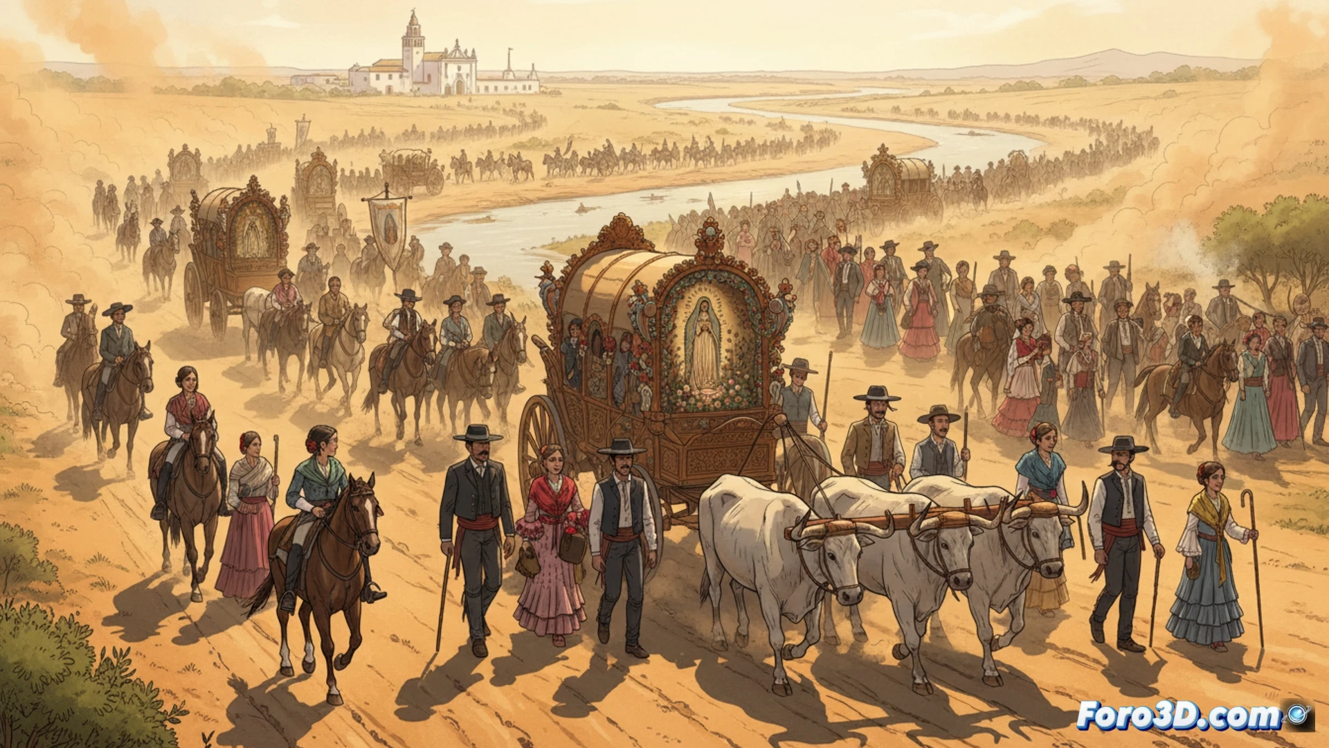 Miles de romeros caminando por un camino de tierra polvoriento al atardecer, carreta de madera tirada por bueyes decorada con flores y faroles de aceite, jinetes a caballo con trajes tradicionales andaluces, polvo levantado por los pies y cascos creando nubes doradas, campanario de la ermita al fondo, sevillanas bailando sobre plataformas improvisadas, aroma visual de incienso flotando, luz cálida de antorchas proyectando sombras largas, estilo cinematográfico fotorrealista, textura granulada de polvo en el aire, profundidad de campo con horizonte despejado, tonos cálidos anaranjados, detalle en bordados de mantones y volantes, movimiento de palmas y guitarras sugerido, escena nocturna con estrellas visibles, atmósfera devocional y festiva combinada.