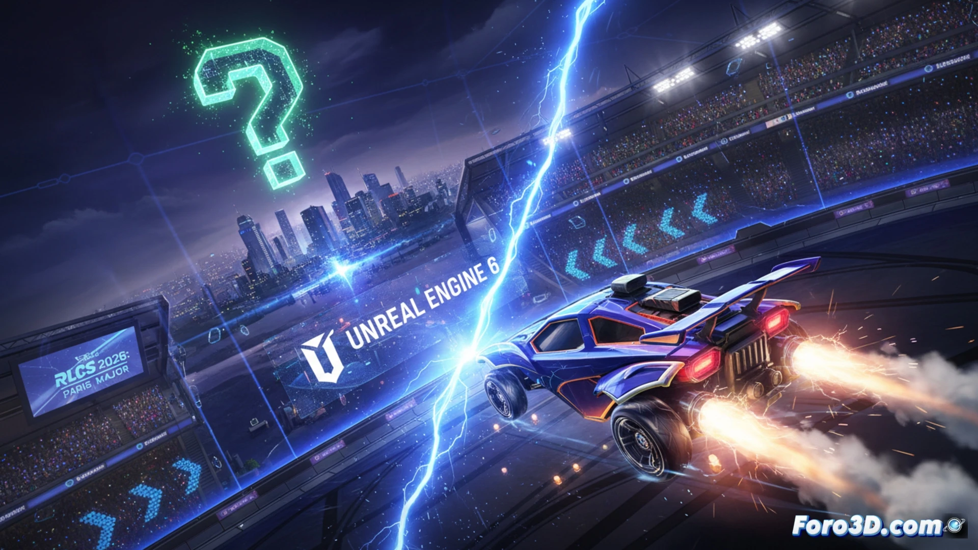 Rocket League arena interior durante migración técnica a Unreal Engine 6, un coche Octane azul brillante en plena acción volcando sobre una pared curva mientras el suelo se descompone en cuadrículas poligonales wireframe, partículas de datos digitales flotando desde UE3 estructuras antiguas hacia nuevos bloques modulares UE6, herramientas de desarrollo como líneas de código luminosas y nodos de conexión rodeando el vehículo, estilo cinematic technical illustration, iluminación dramática azul y naranja contrastante, sombras nítidas, texturas metálicas hiperrealistas, profundidad de campo, movimiento congelado en el instante del impacto de salto