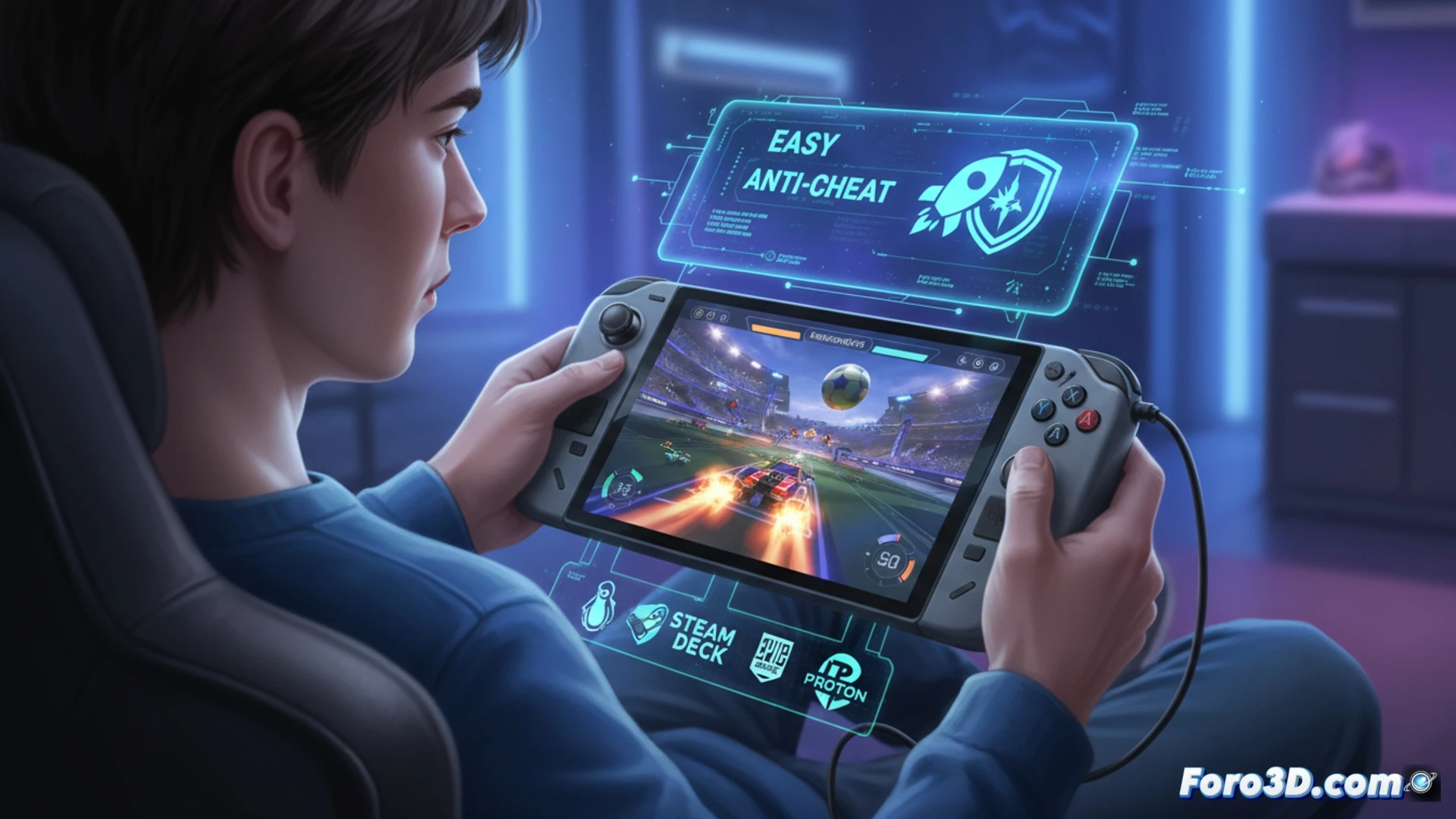 Un jugador de Rocket League en Steam Deck con escudo verde de Easy Anti-Cheat, junto a logo de Linux y Epic Games.