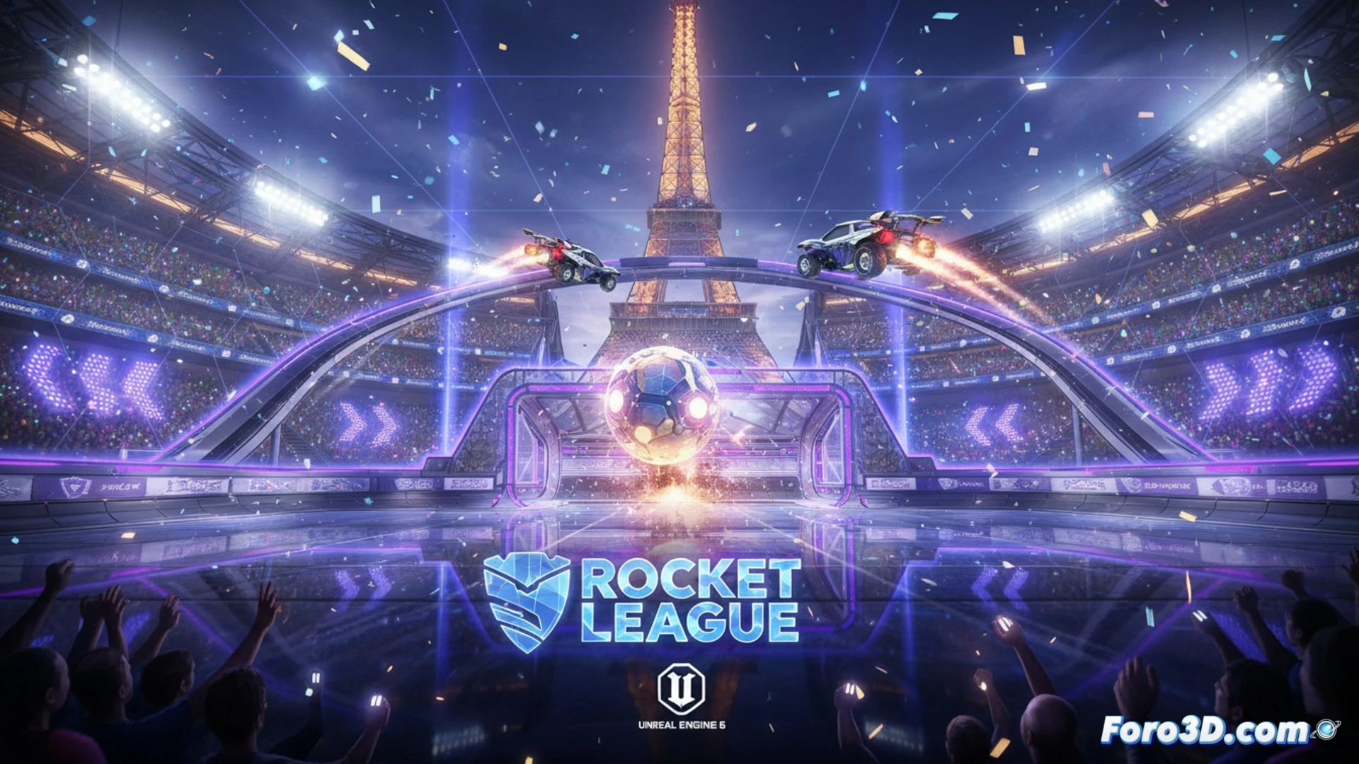 Rocket League arena interior during UE6 engine swap process, Octane car mid-air executing a flip reset, glowing blue energy trails from boost, holographic Unreal Engine 6 logo materializing above the goal, wires and data cables connecting the stadium walls, particle effects of code fragments dissolving into the field, cinematic technical illustration, neon cyan and orange lighting, metallic car surface reflecting stadium lights, motion blur on spinning wheels, photorealistic engineering visualization, high-contrast dramatic shadows, ultra-detailed stadium architecture