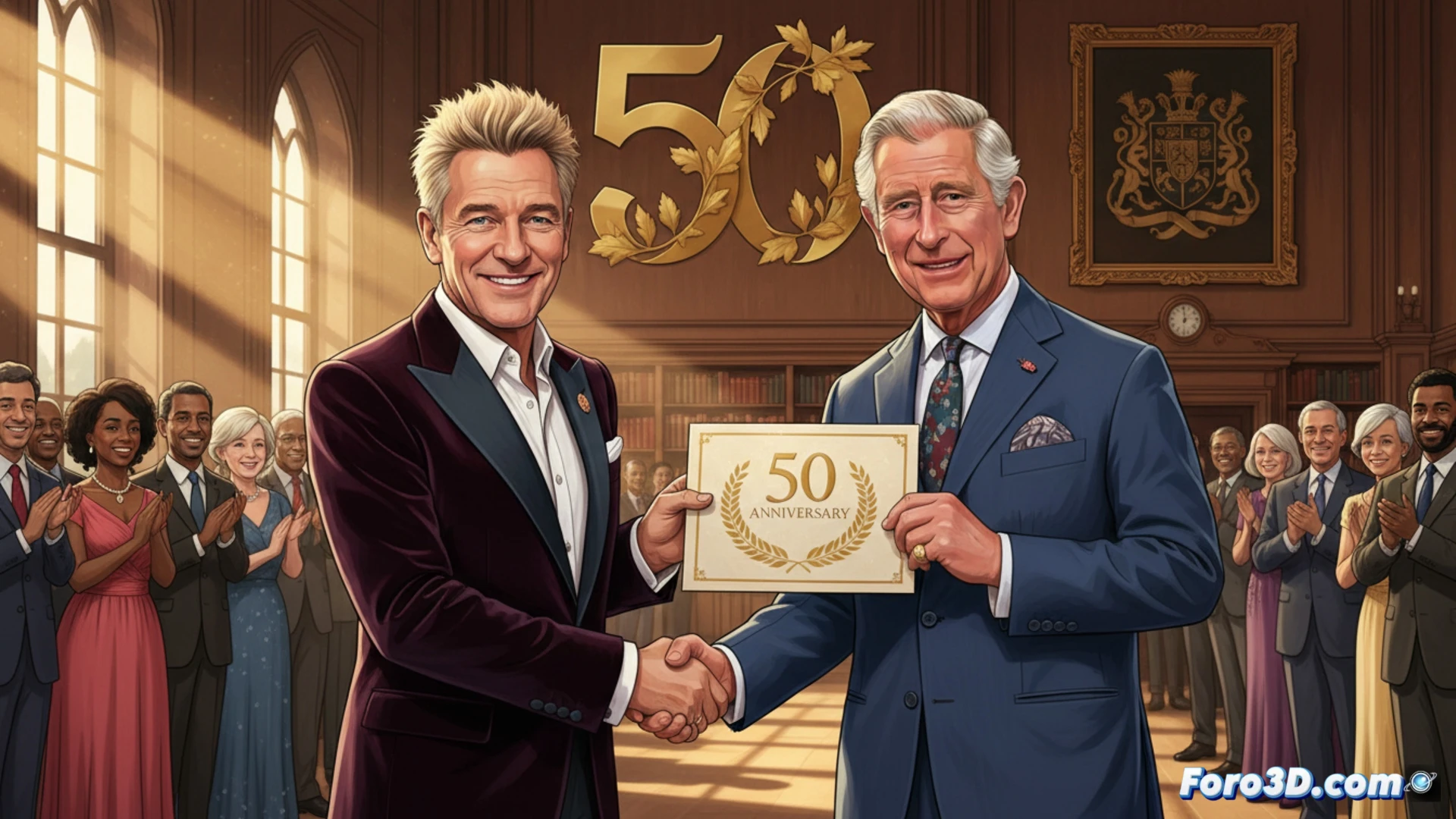 Rod Stewart y el rey Carlos III sonríen juntos en un evento benéfico de aniversario, simbolizando medio siglo de apoyo real.