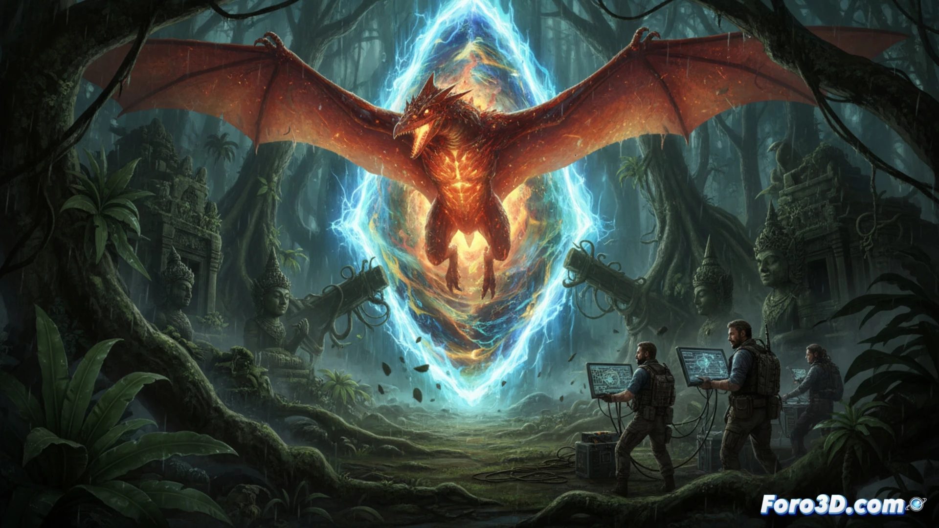 Un agujero temporal brillante sobre un volcán tailandés, con Rodan emergiendo entre nubes de tormenta y Lee Shaw observando desde un risco.