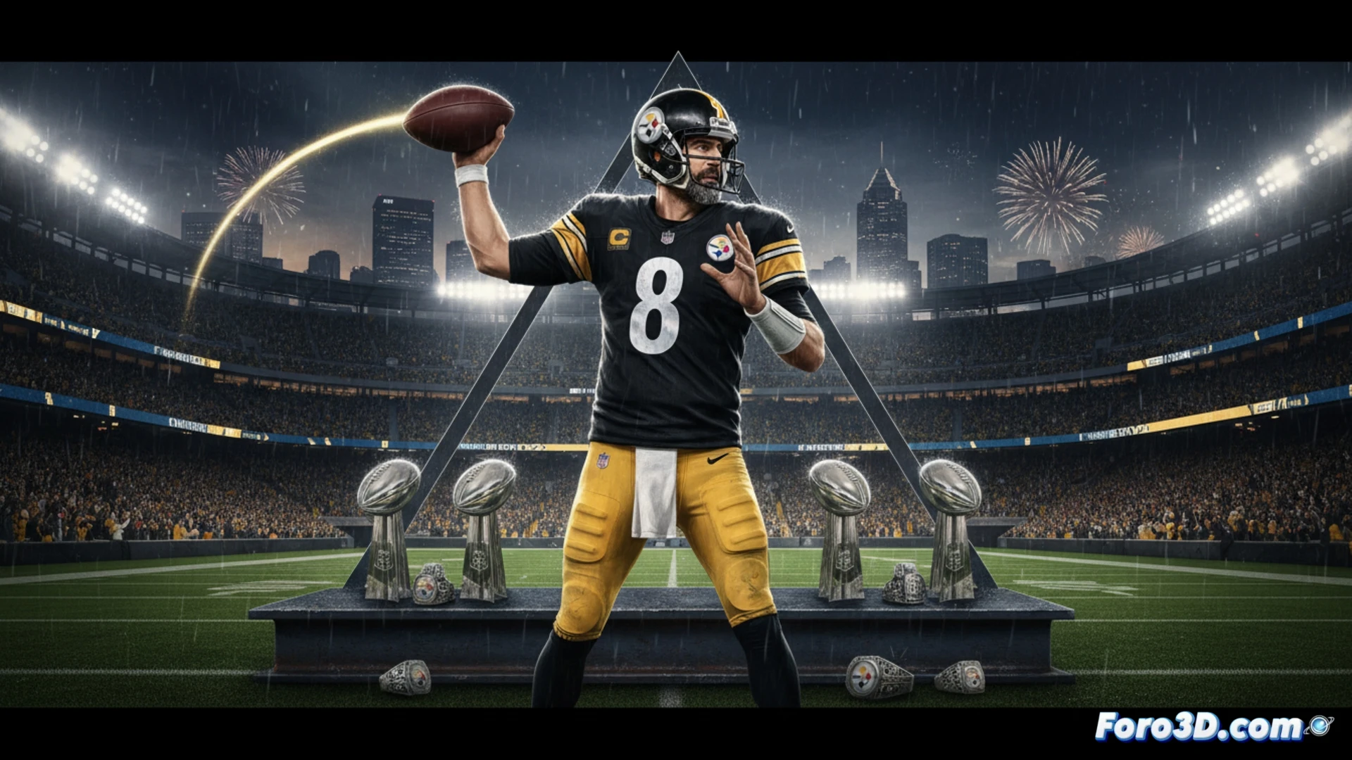 Descripción detallada para la imagen: Aaron Rodgers con camiseta negra de los Steelers y casco, brazo en alto señalando el campo, fondo borroso del estadio Heinz Field iluminado. (116 caracteres)