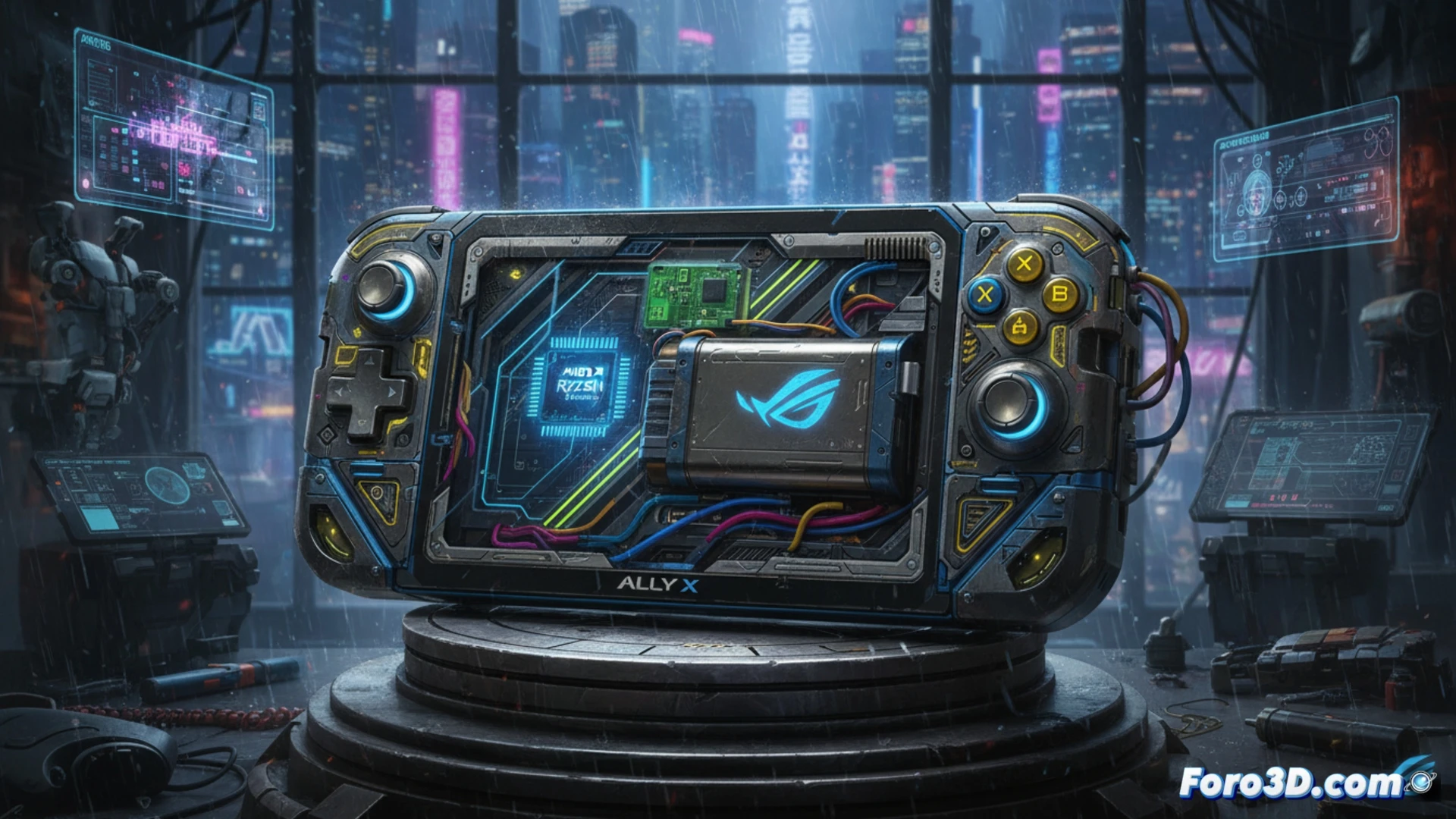 limited edition ROG Ally X Cyberpunk 2077 console being unboxed on a dark workbench, neon yellow and cyan LED strips reflecting off the matte black chassis, custom cyberpunk decals glowing faintly, a technician inspecting the rear panel with a precision screwdriver, detailed motherboard visible through a transparent backplate showing AMD Z2 Extreme chip and RAM modules, battery pack labeled 80 Wh, cinematic engineering visualization, hyper-realistic metallic textures, dramatic low-angle studio lighting, dust particles floating in beam light, photorealistic technical render