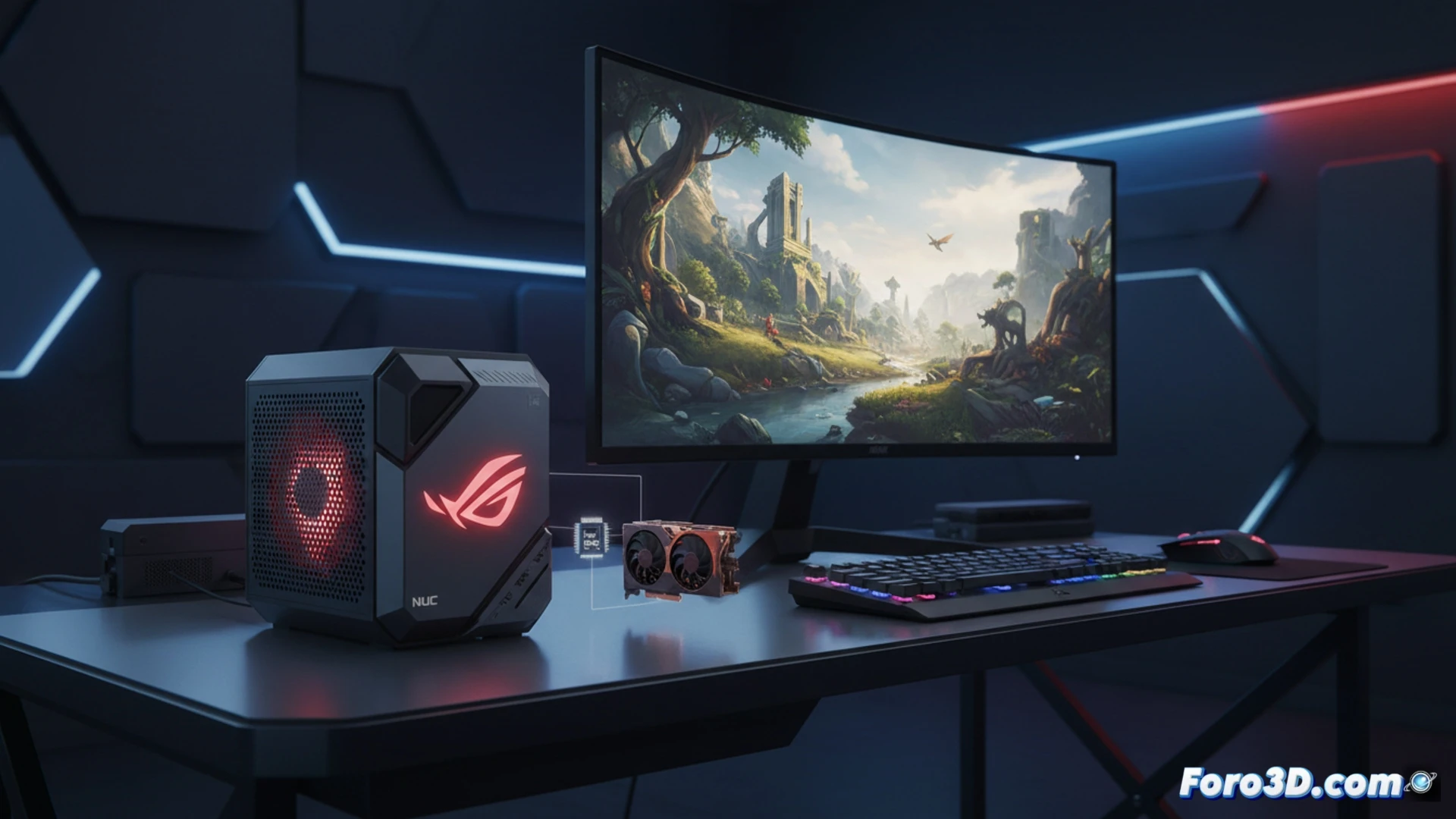 compact black ROG NUC mini PC with glowing ROG logo, internal components visible through transparent side panel, Intel Core Ultra chip and NVIDIA RTX 50 GPU radiating cyan light, high-end gaming scene rendered on monitor beside it showing detailed 4K cityscape with ray-traced reflections, small form factor next to full-sized gaming tower demonstrating size contrast, photorealistic technical illustration, dramatic dark lighting with neon accents, glowing airflow paths around cooling fins and fan blades in motion, ultra-detailed PCB traces and thermal paste texture, cinematic engineering visualization